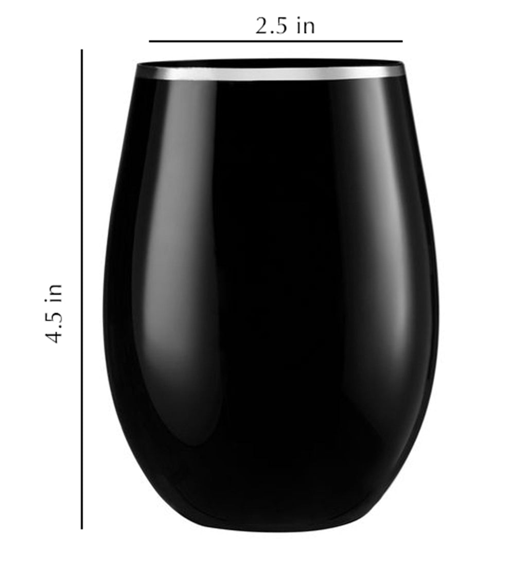 16oz Stemless Plastic Wine Goblet Black | Silver Rim 6 Pack
