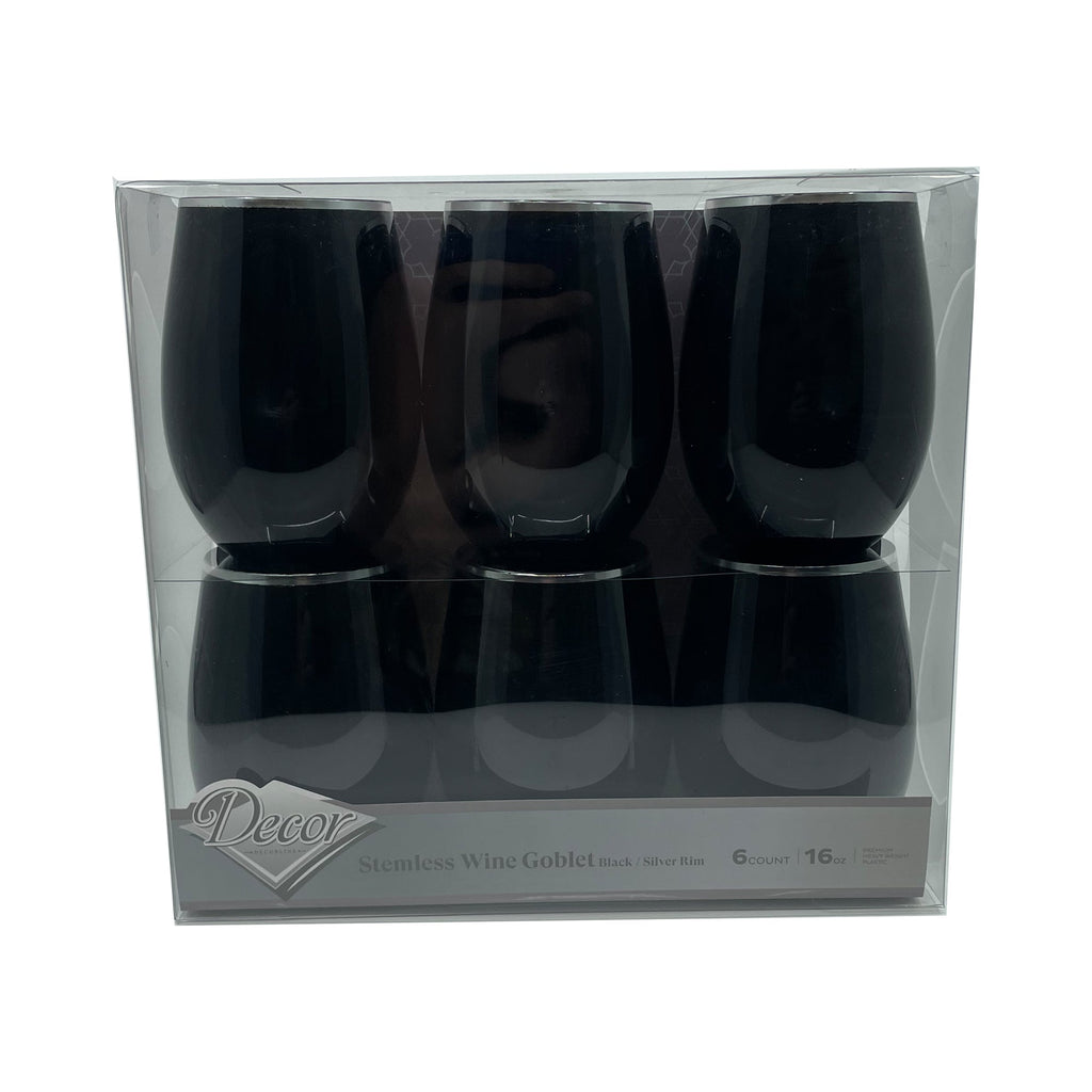 16oz Stemless Plastic Wine Goblet Black | Silver Rim 6 Pack