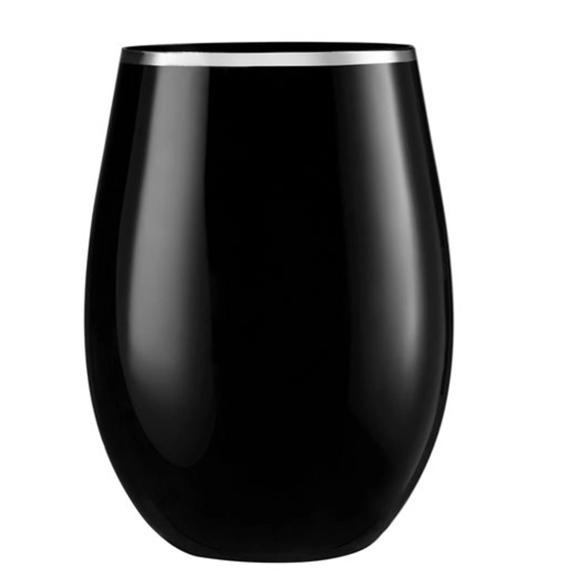 16oz Stemless Plastic Wine Goblet Black | Silver Rim 6 Pack