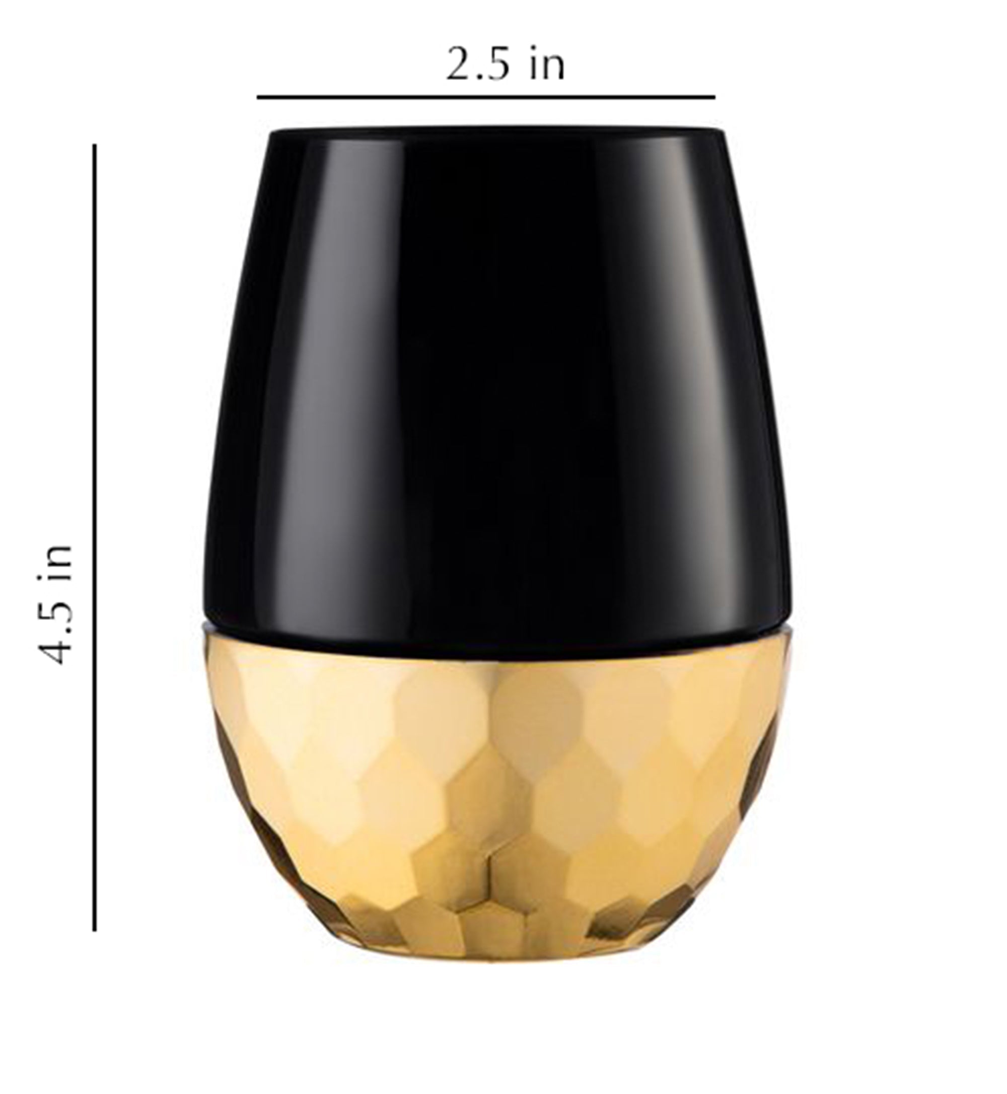 16oz Stemless Plastic Wine Goblet  Black / Gold Bottom 6 Pack