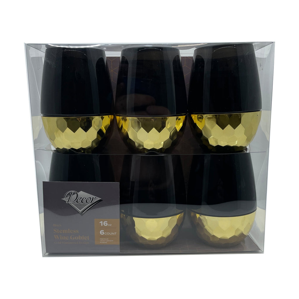 16oz Stemless Plastic Wine Goblet  Black / Gold Bottom 6 Pack