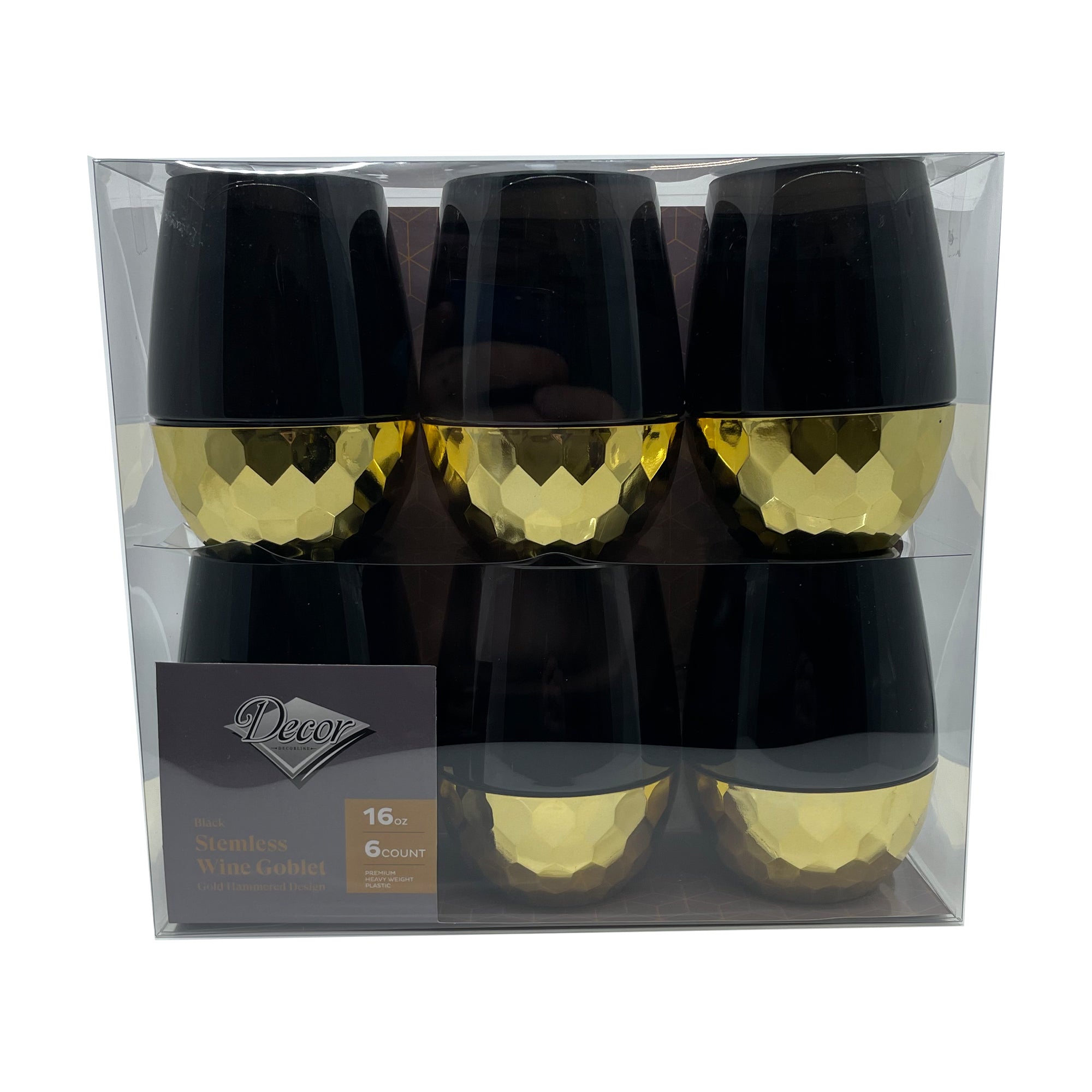 16oz Stemless Plastic Wine Goblet  Black / Gold Bottom 6 Pack