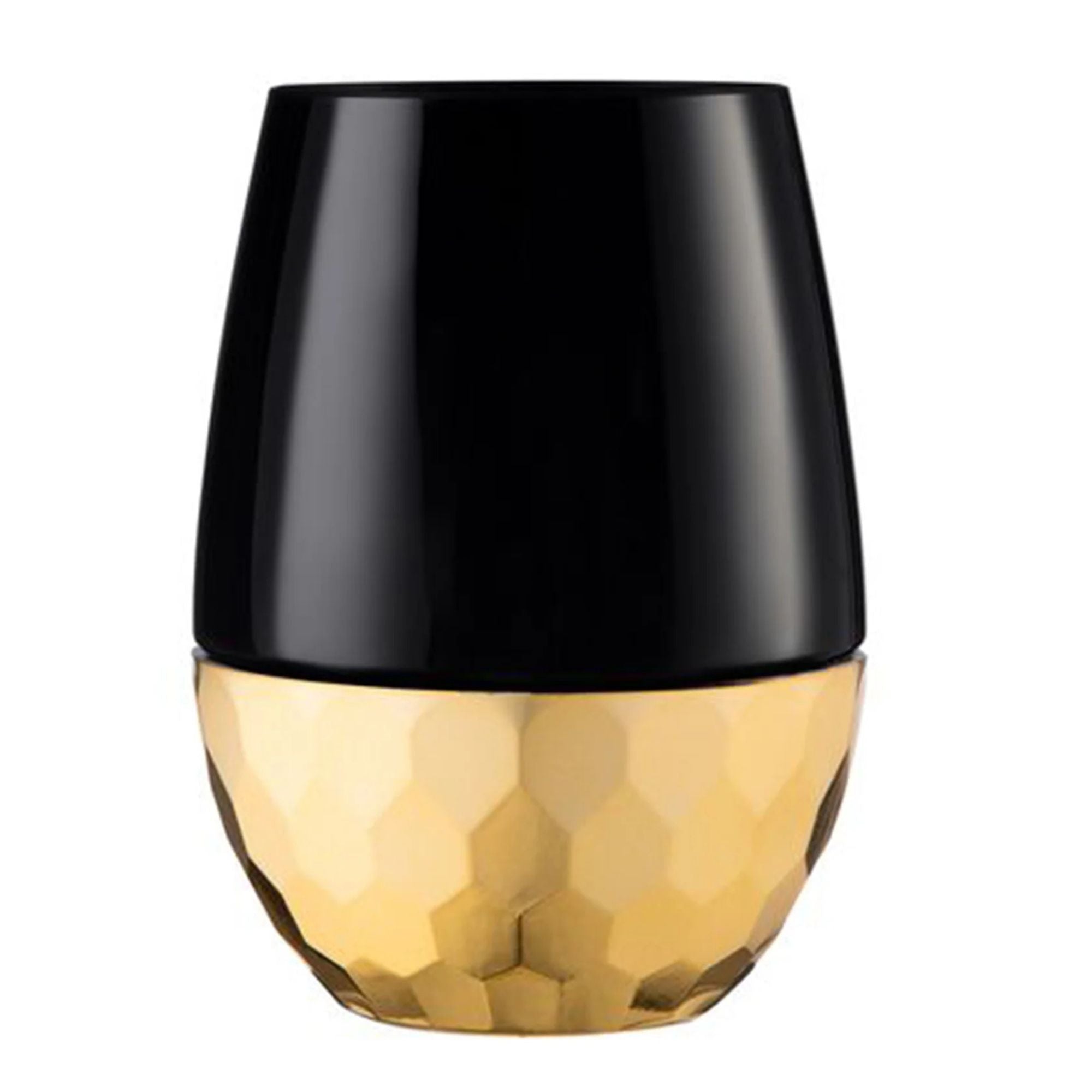 16oz Stemless Plastic Wine Goblet  Black / Gold Bottom 6 Pack