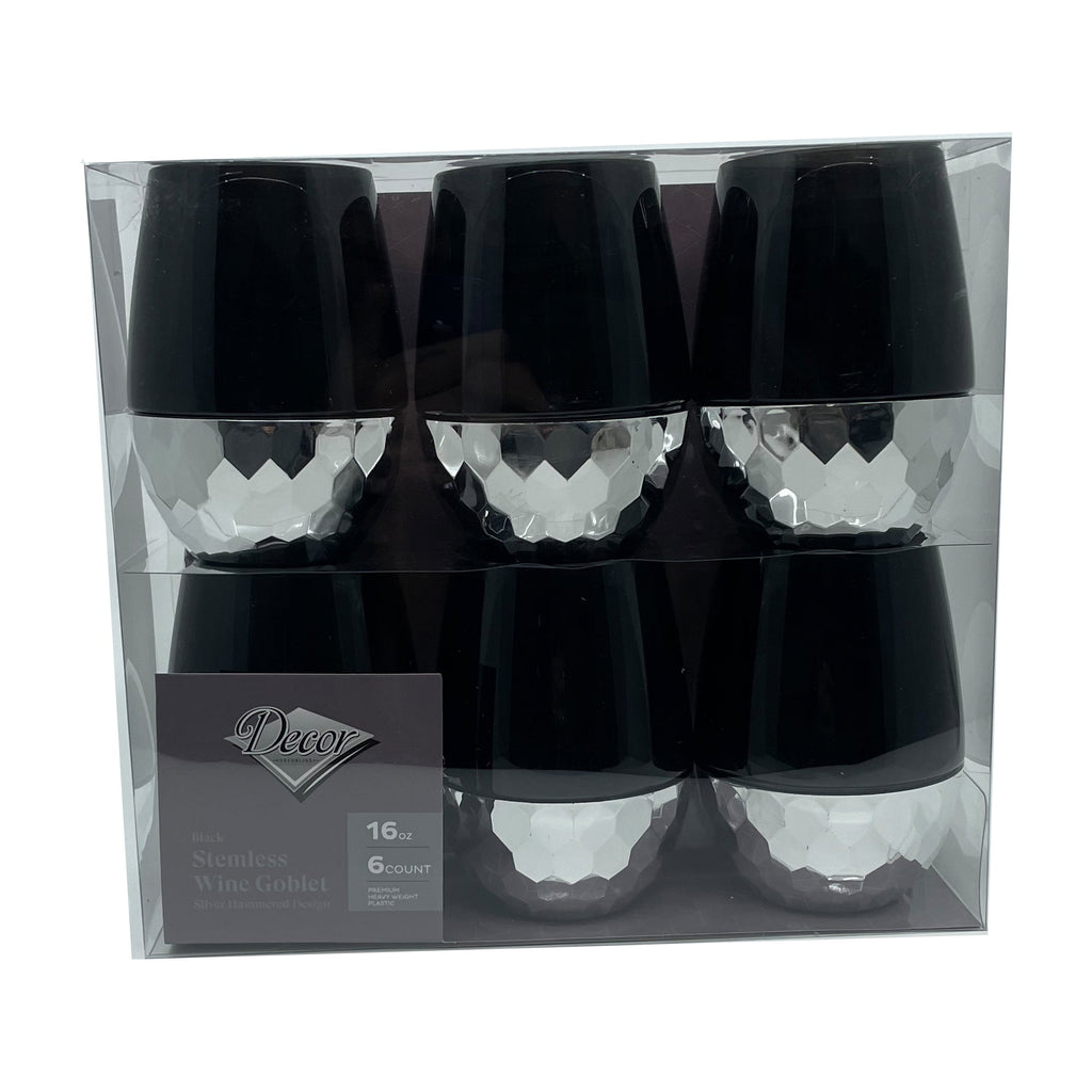 16oz Stemless Plastic Wine Goblet Black / Silver Bottom 6 Pack