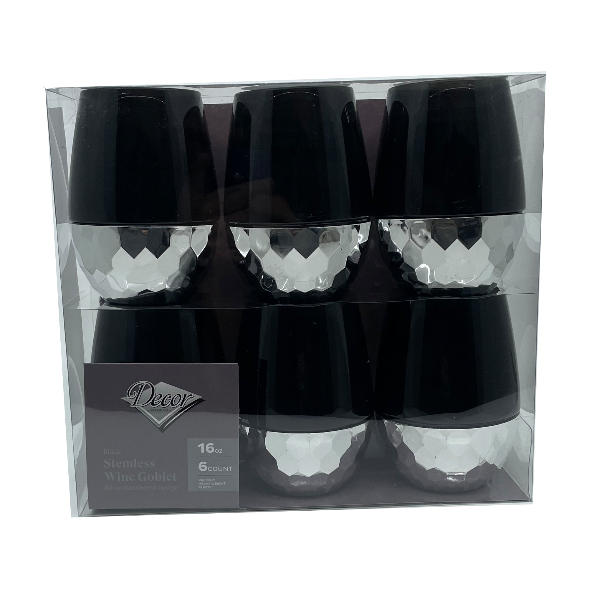 16oz Stemless Plastic Wine Goblet Black / Silver Bottom 6 Pack