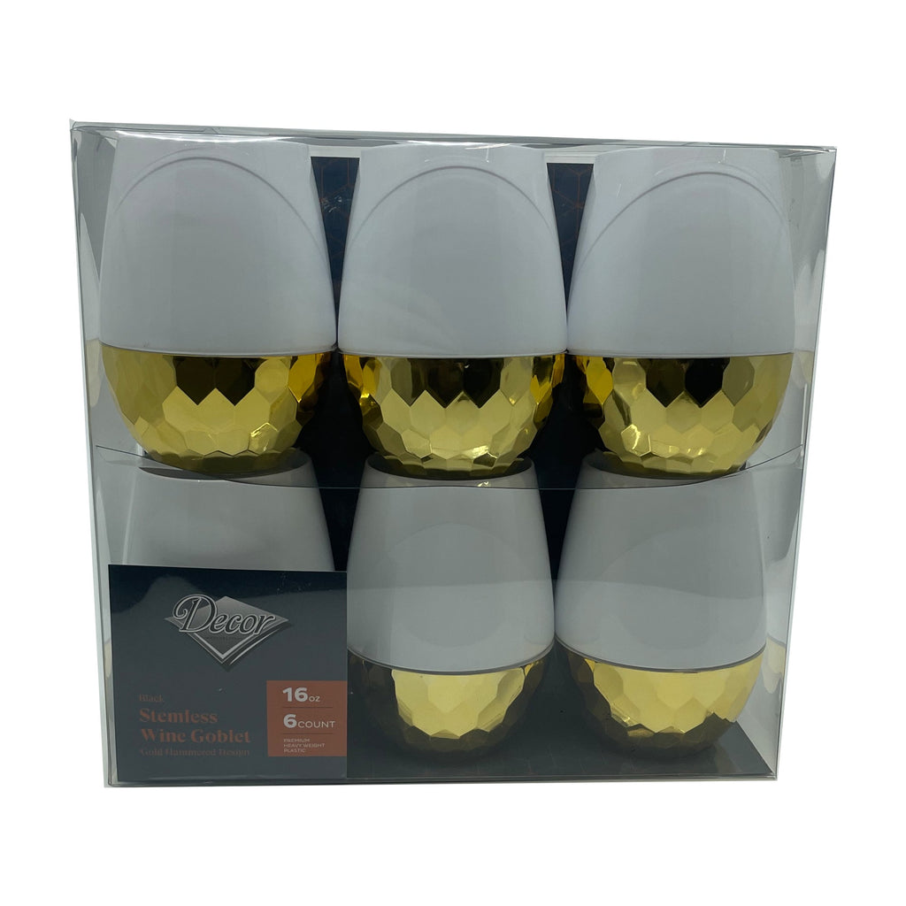 16oz Stemless Plastic Wine Goblet White / Gold Bottom 6 Pack