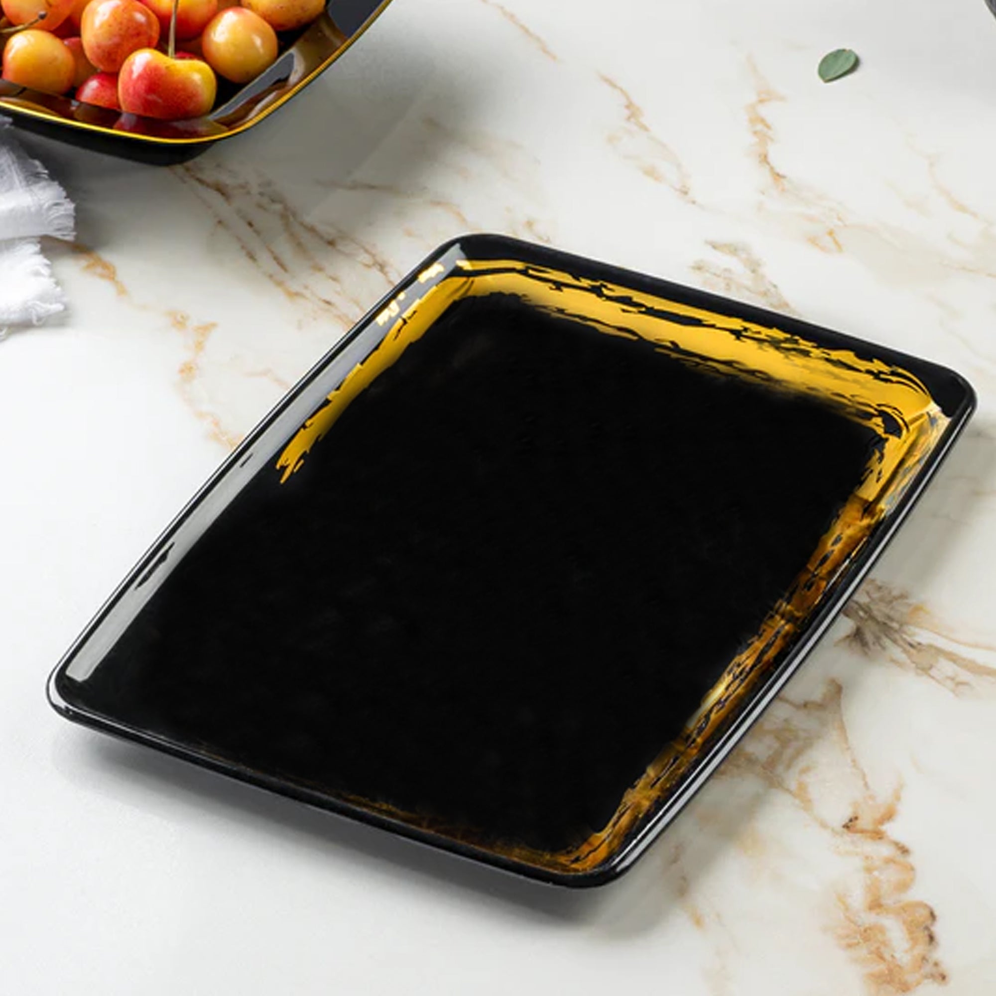 Whisk 8" x 11" Black Gold Accent Rectangle Serving Plastic Disposable Tray 2 Pack