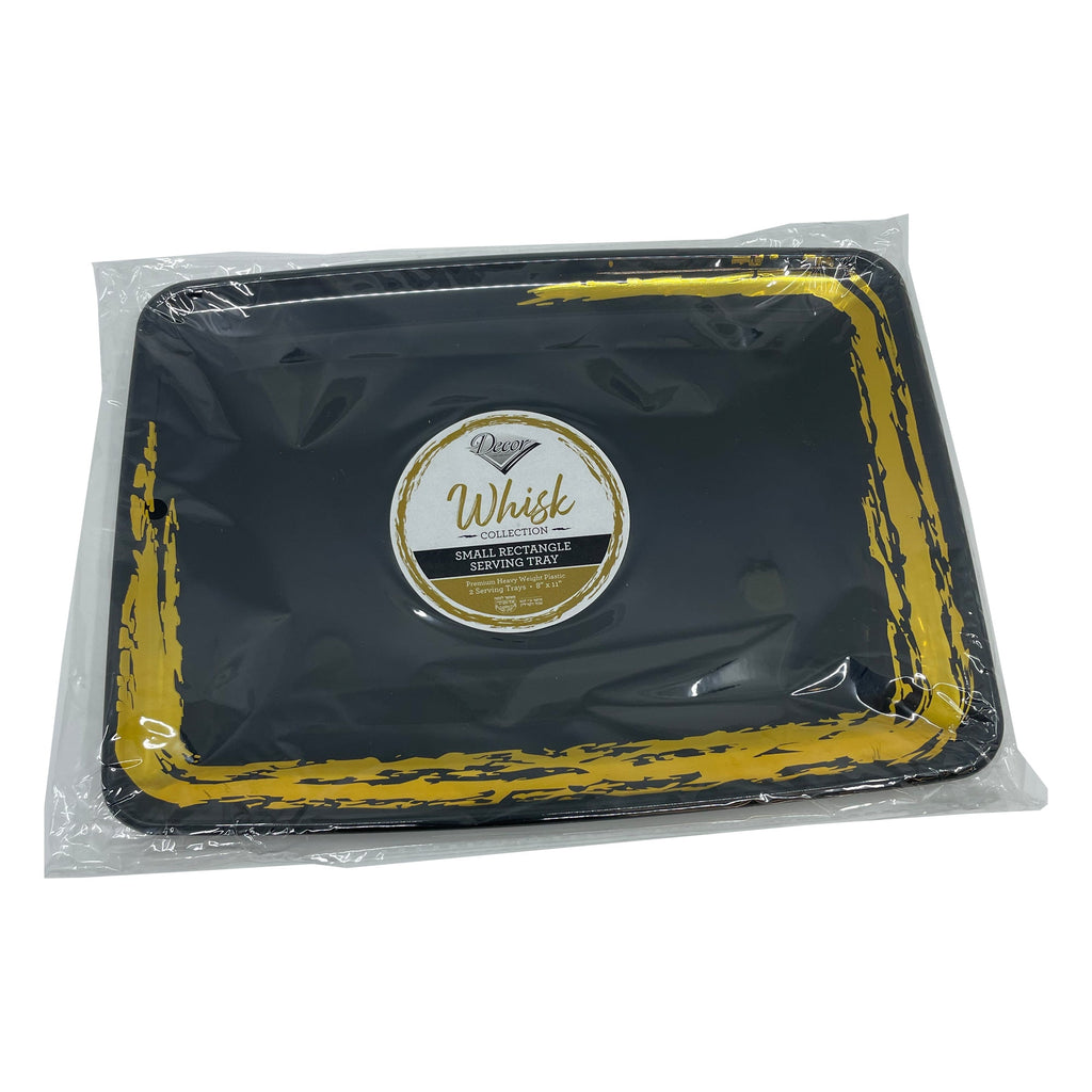 Whisk 8" x 11" Black Gold Accent Rectangle Serving Plastic Disposable Tray 2 Pack