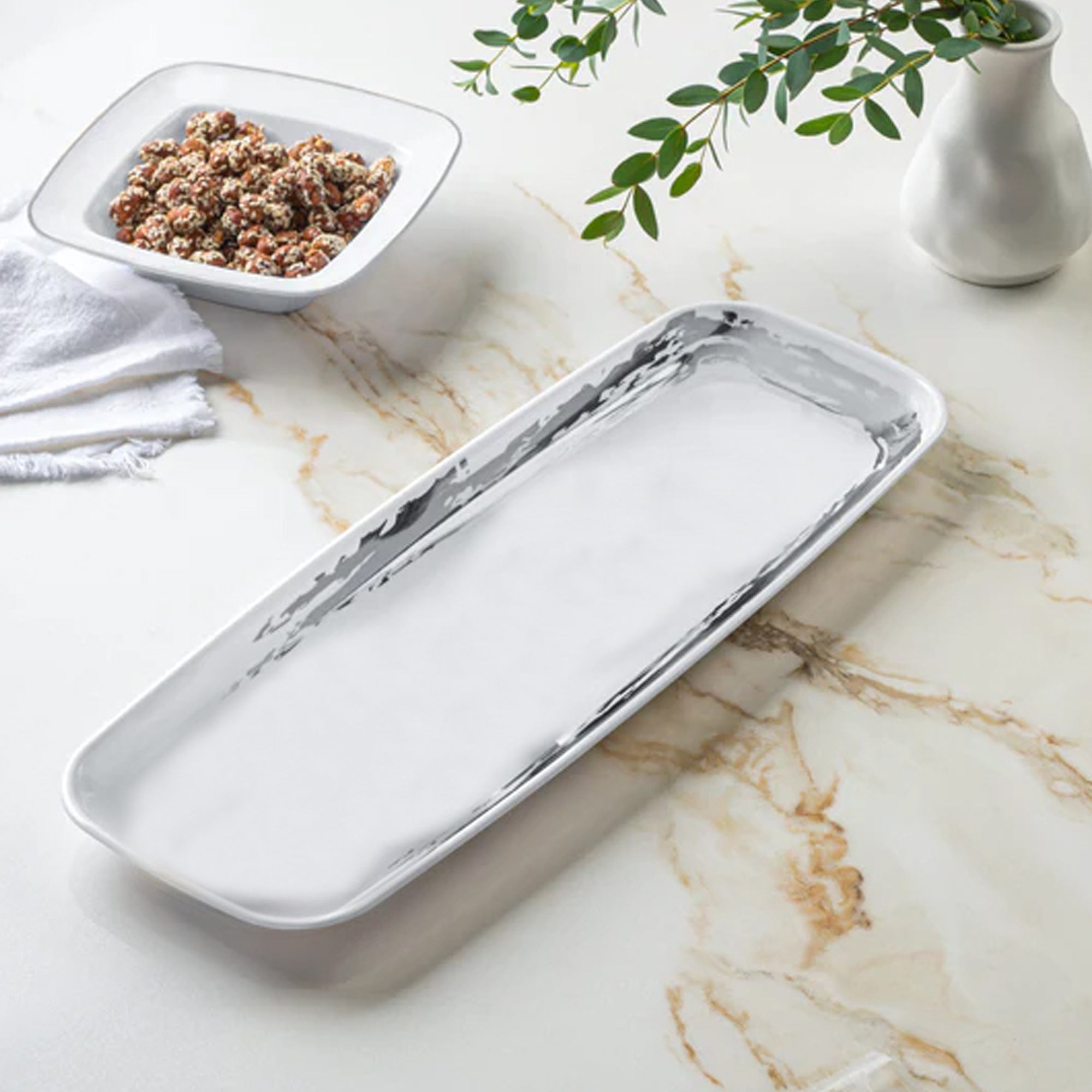 Whisk 6.5"x17.5" White Silver Accent Plastic Disposable Oval Serving Tray 2 Pack