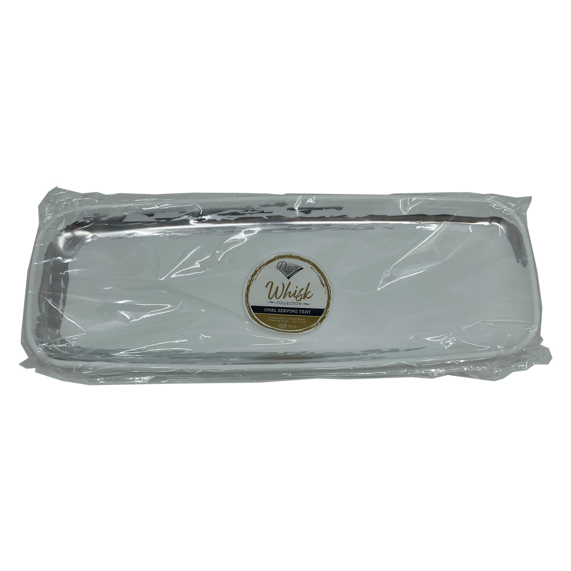 Whisk 6.5"x17.5" White Silver Accent Plastic Disposable Oval Serving Tray 2 Pack