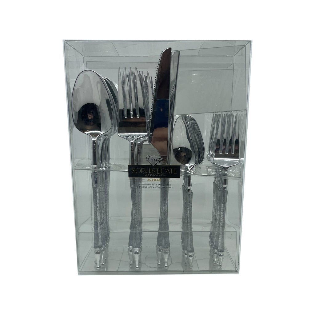 Sophisticated Cutlery Glitter Silver/Silver Disposable Plastic 40 Pack