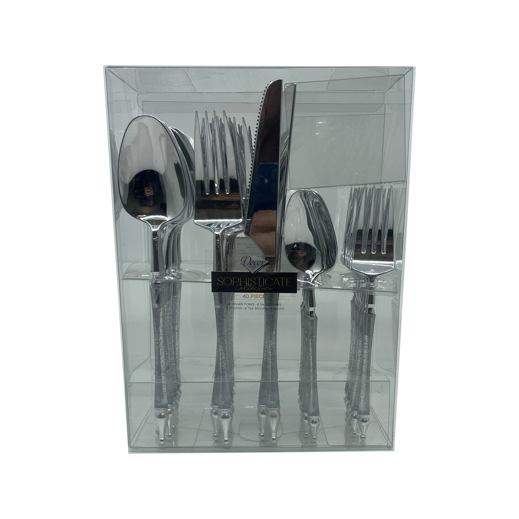 Sophisticated Cutlery Glitter Silver/Silver Disposable Plastic 40 Pack