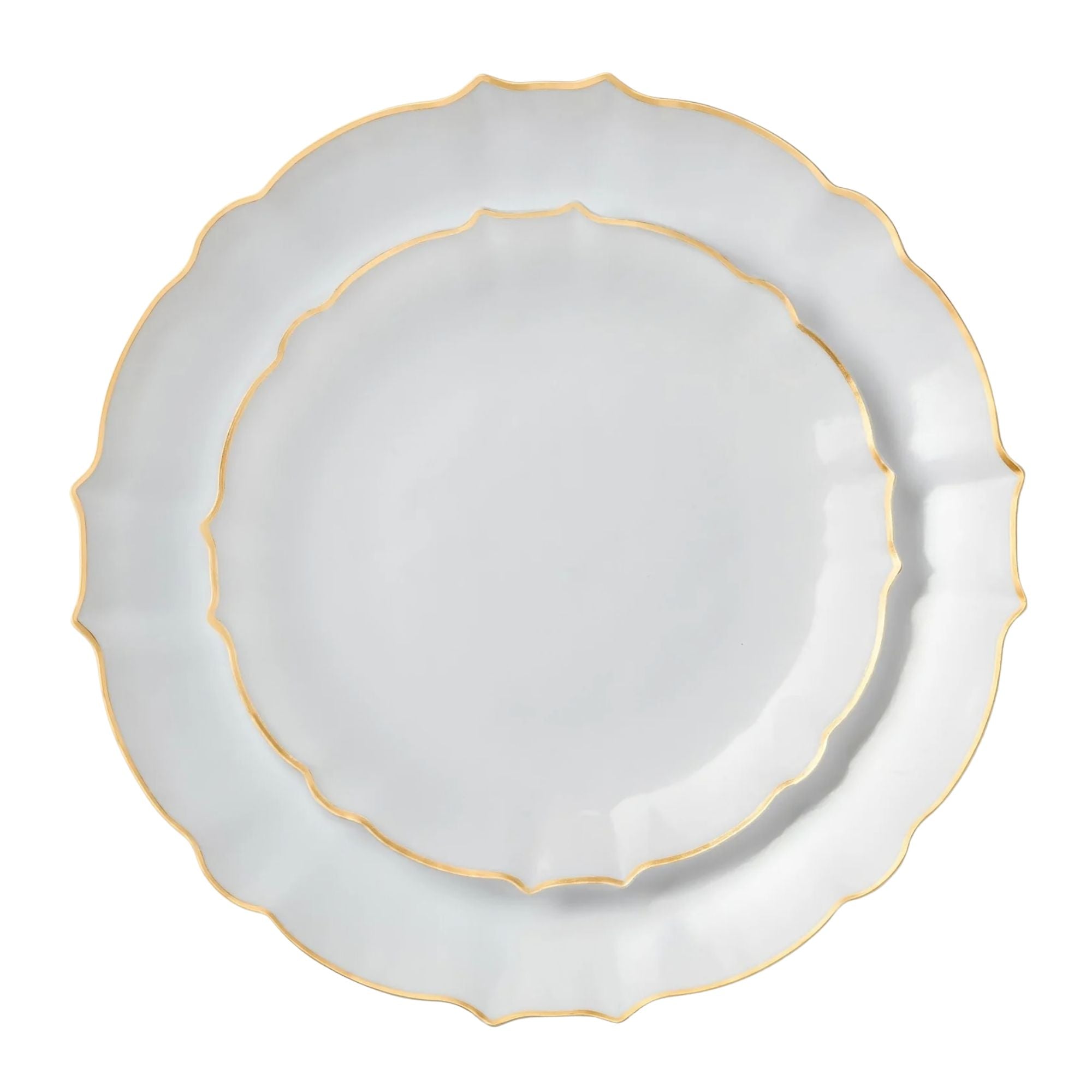 10.25"&7.5" White and Gold Round Disposable Plastic Plates COMBO Set-Luxe 32pc