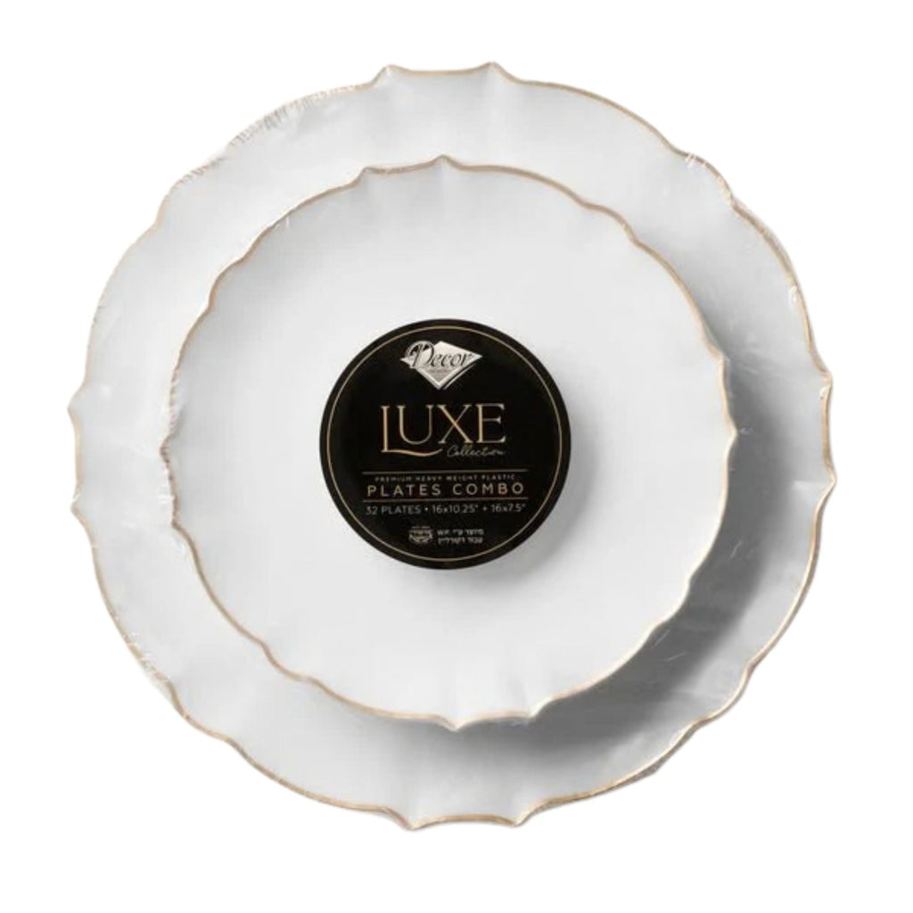 10.25"&7.5" White and Gold Round Disposable Plastic Plates COMBO Set-Luxe 32pc