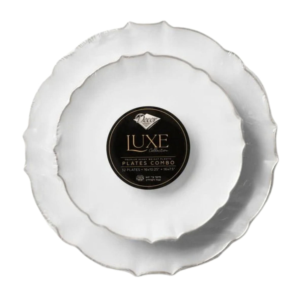 10.25"&7.5" White and Silver Round Disposable Plastic Plates COMBO Set-Luxe 32Pc