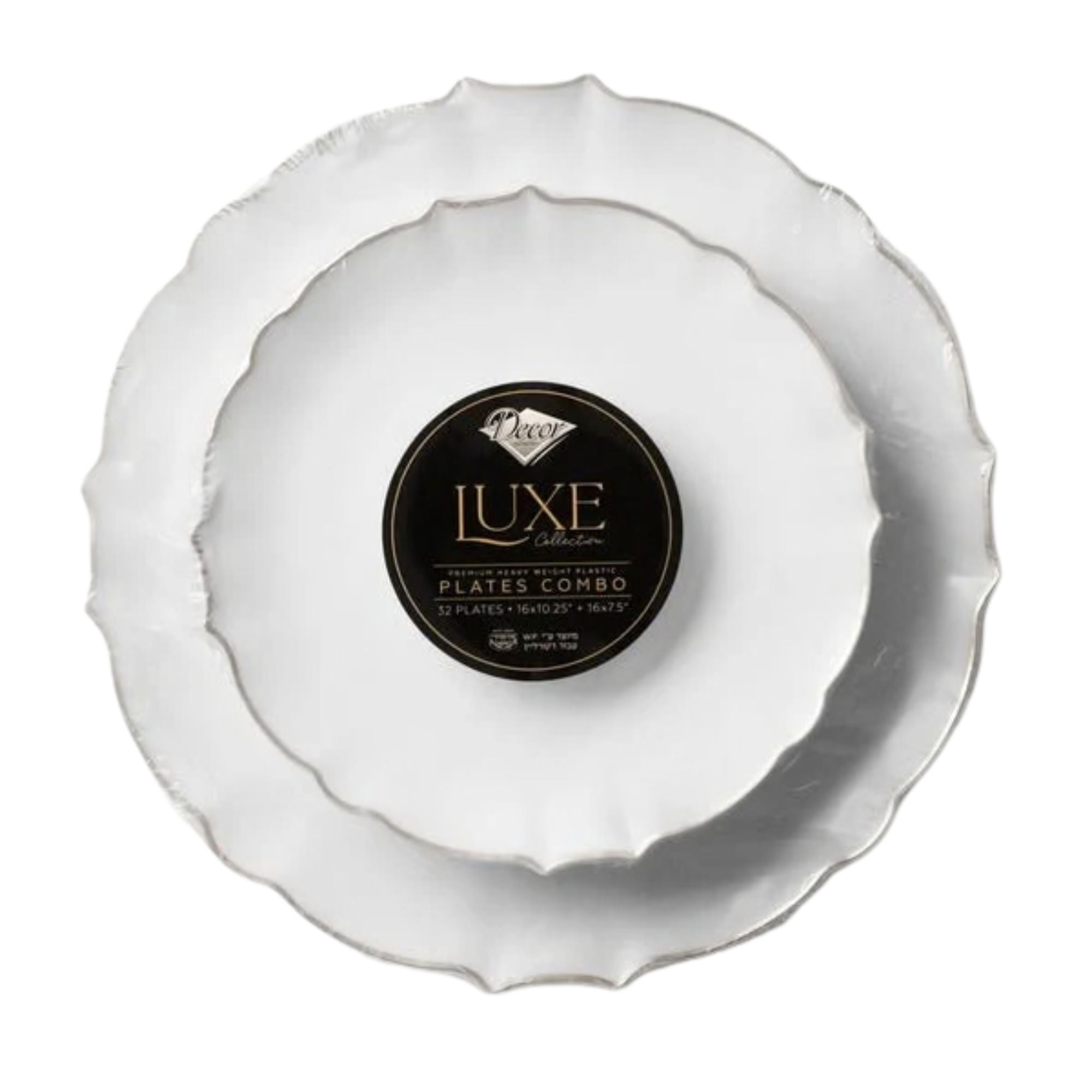 10.25"&7.5" White and Silver Round Disposable Plastic Plates COMBO Set-Luxe 32Pc