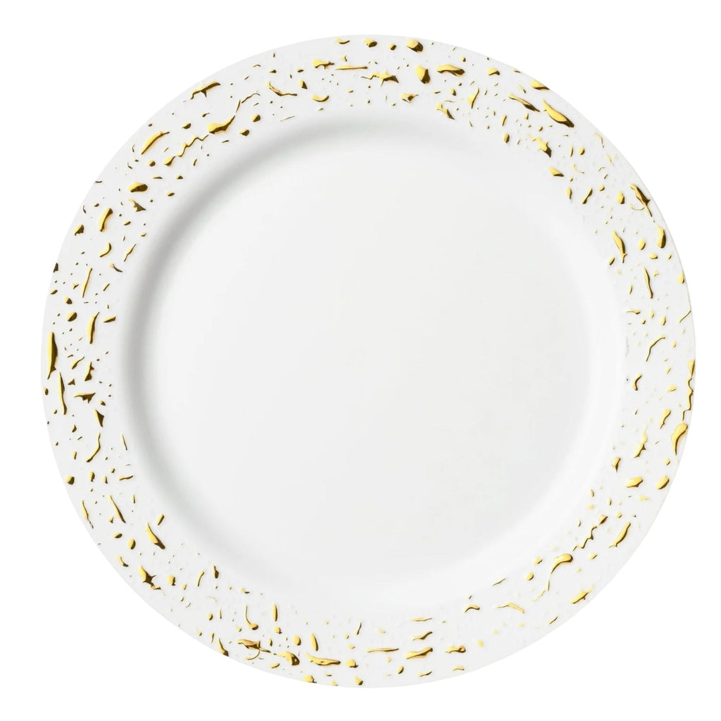 Pebbled 10" White & Gold Plastic Disposable Dinner Plate 10 Pcs
