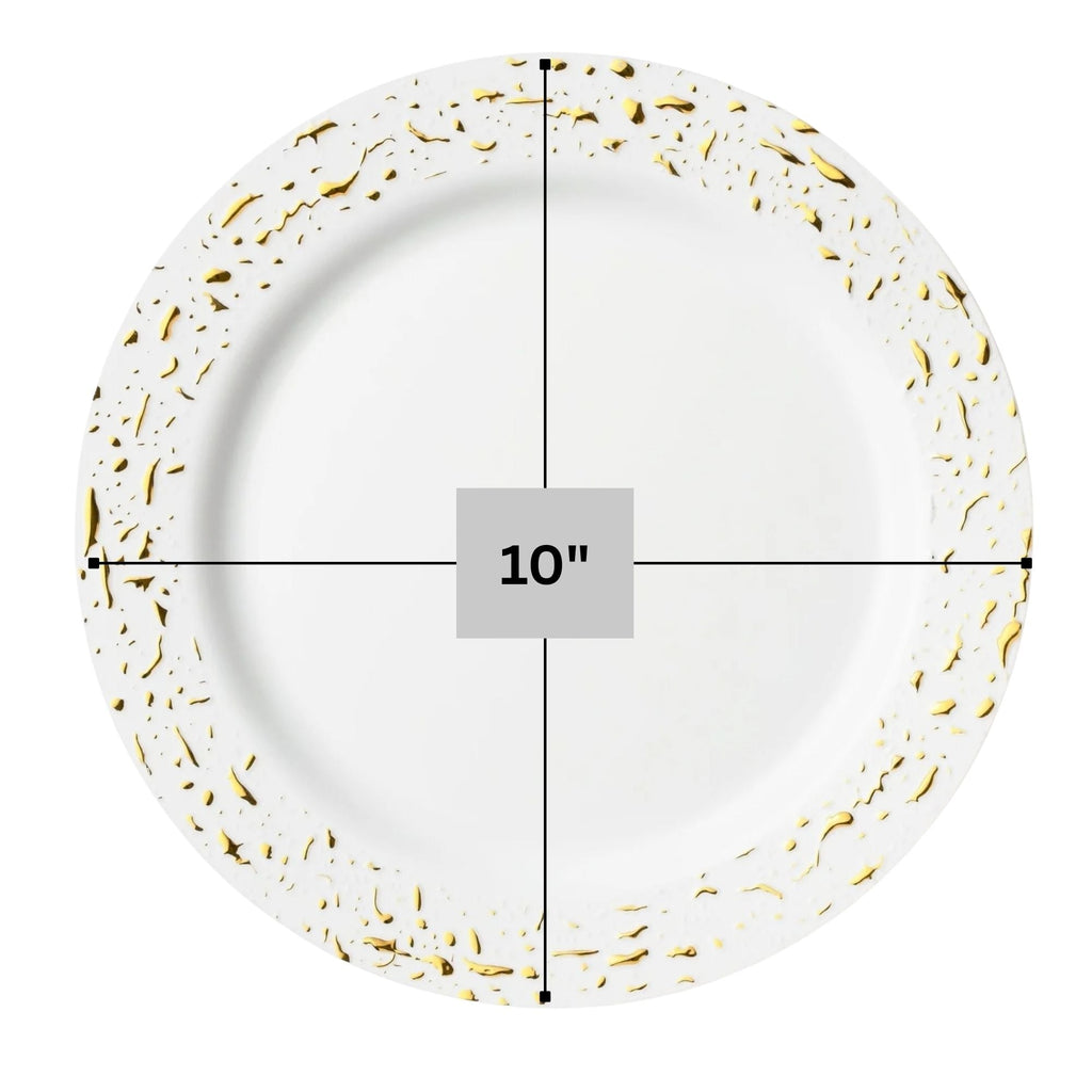 Pebbled 10" White & Gold Plastic Disposable Dinner Plate 10 Pcs