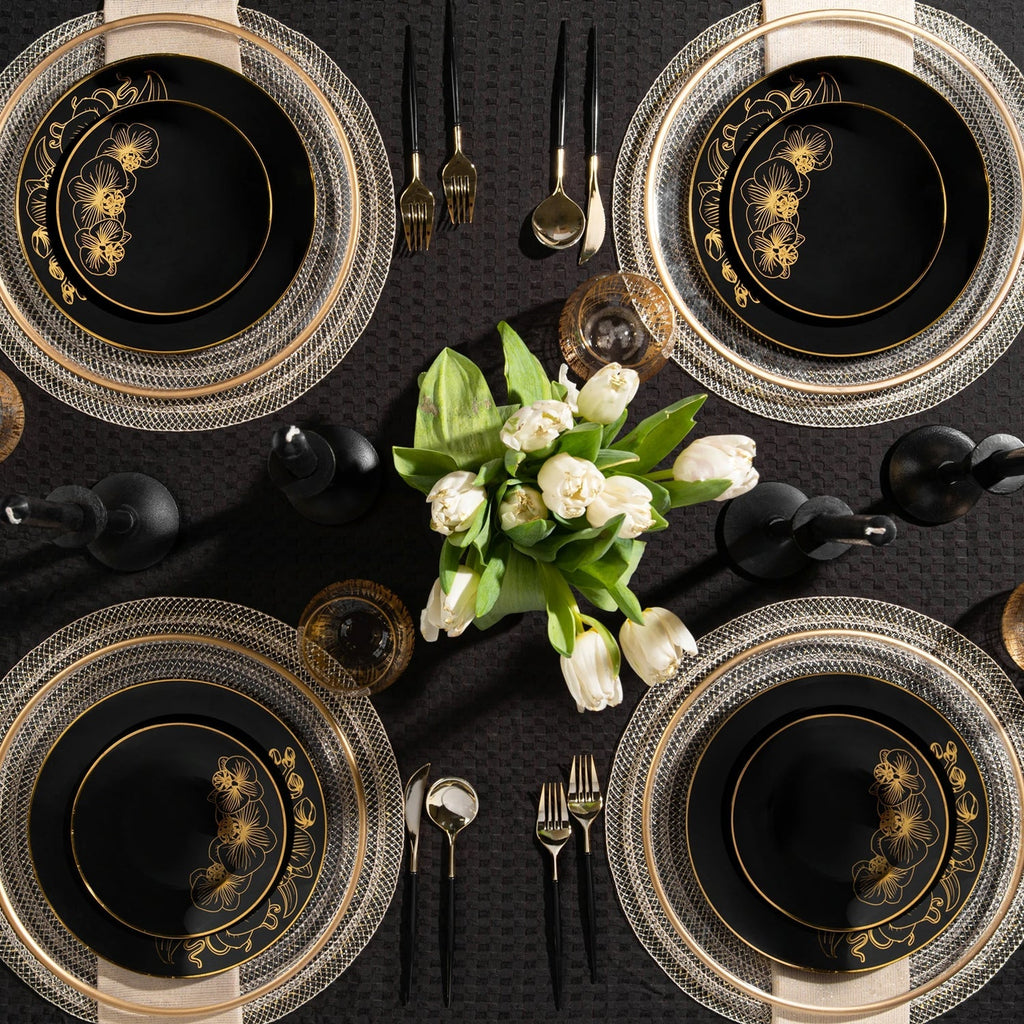 Orchid 7.5" Black & Gold Plastic Disposable Appetizer/Dessert Plate 10 Pack