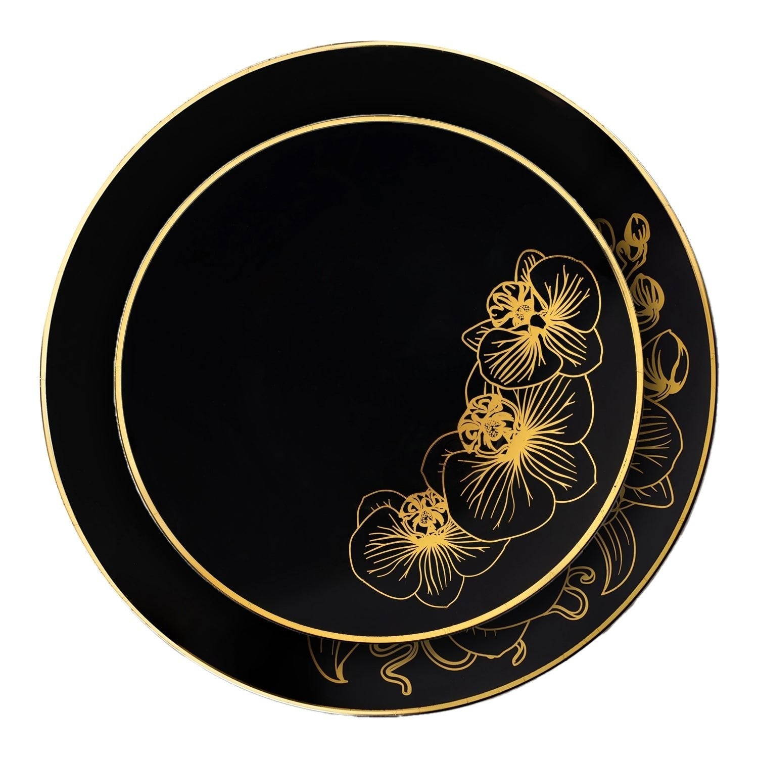 Orchid 7.5" Black & Gold Plastic Disposable Appetizer/Dessert Plate 10 Pack
