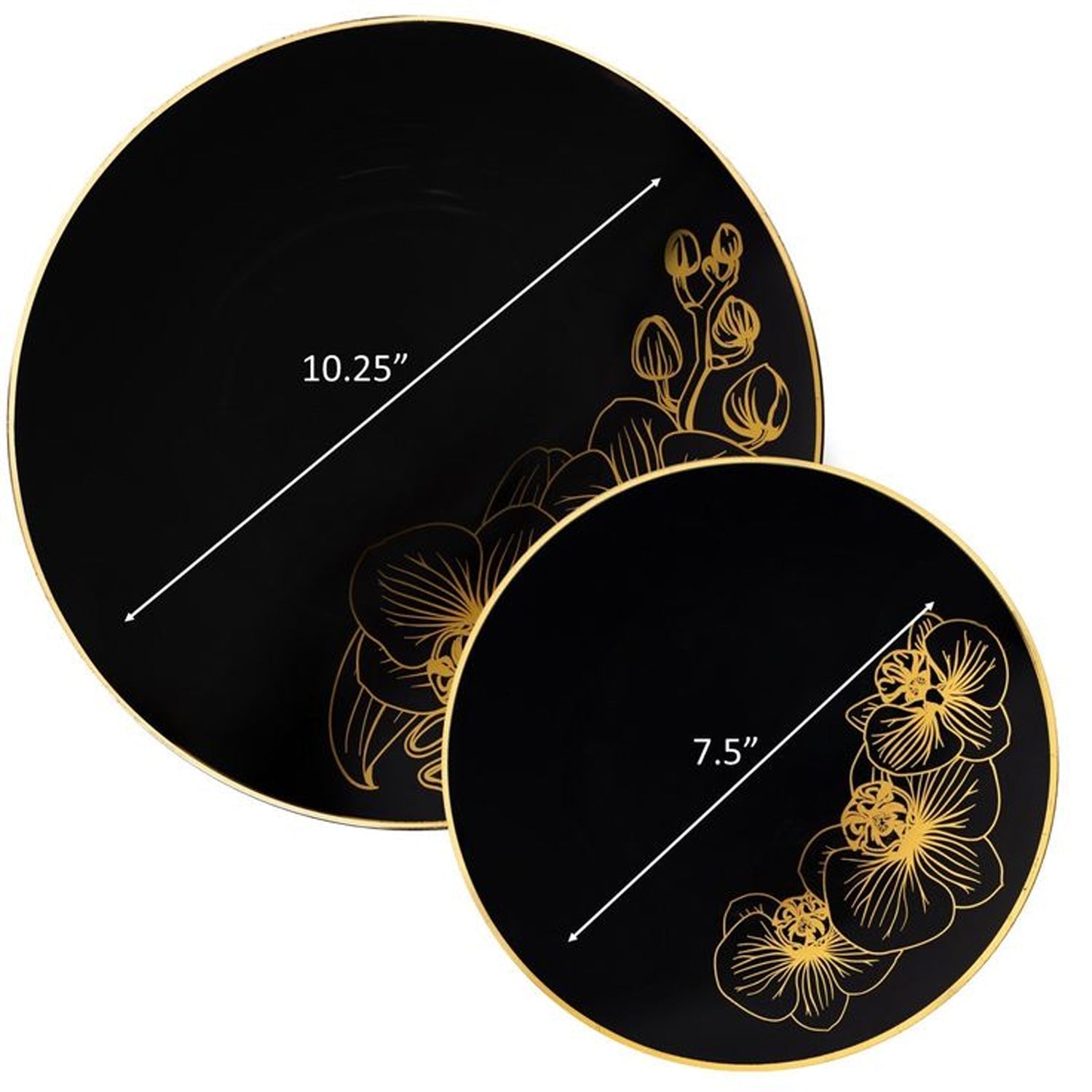 Orchid 7.5" Black & Gold Plastic Disposable Appetizer/Dessert Plate 10 Pack