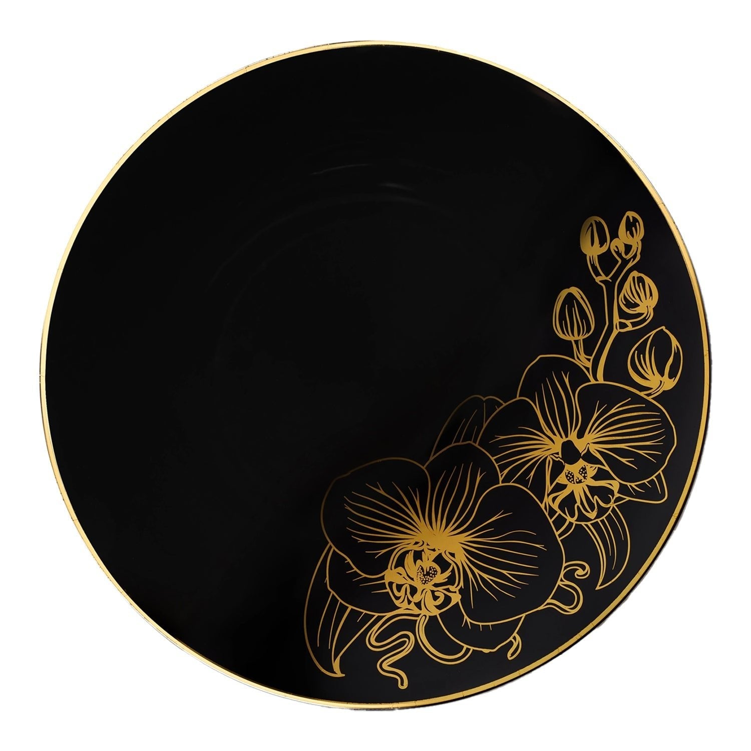 Orchid 10" Black & Gold Plastic Disposable Dinner Plate 10 Pack