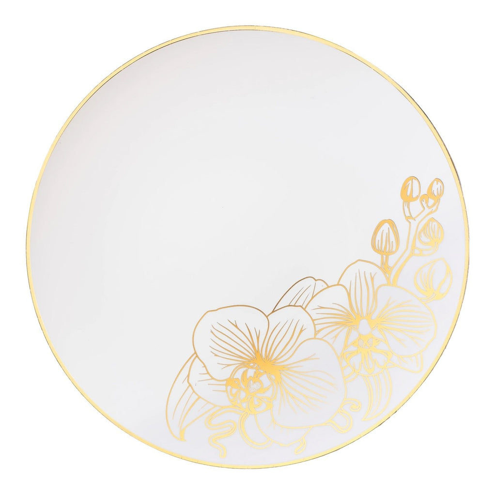 Orchid 10" White & Gold  Plastic Disposable Dinner Plate 10 Pack