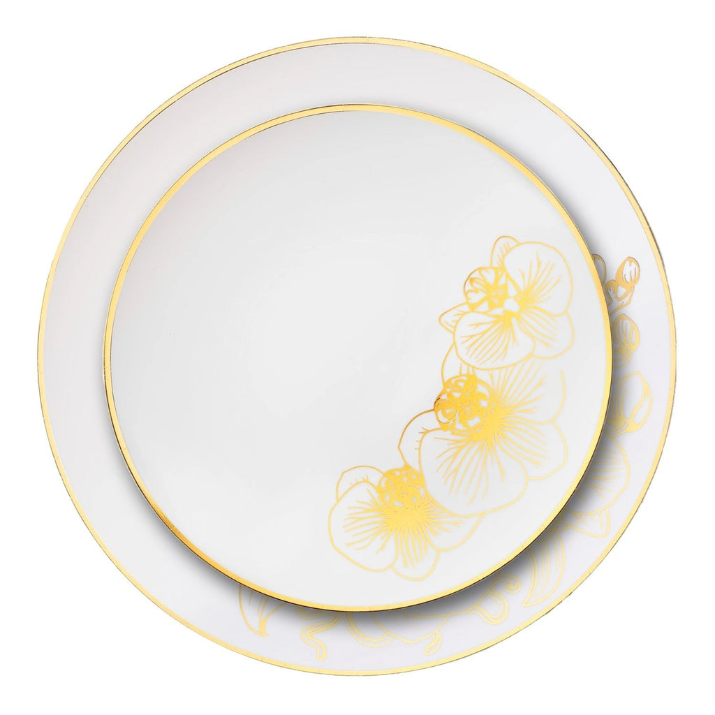 Orchid 10" White & Gold  Plastic Disposable Dinner Plate 10 Pack