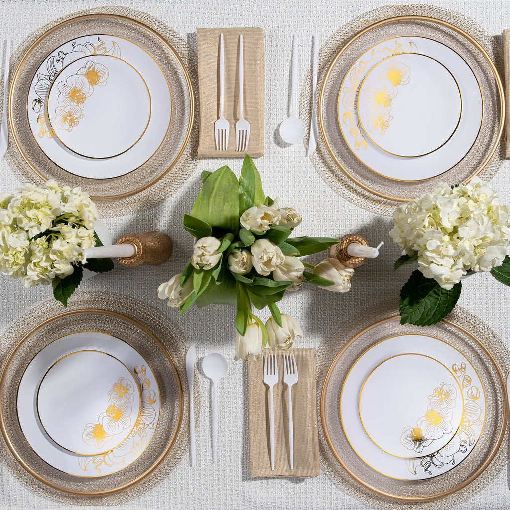 Orchid 10" White & Gold  Plastic Disposable Dinner Plate 10 Pack