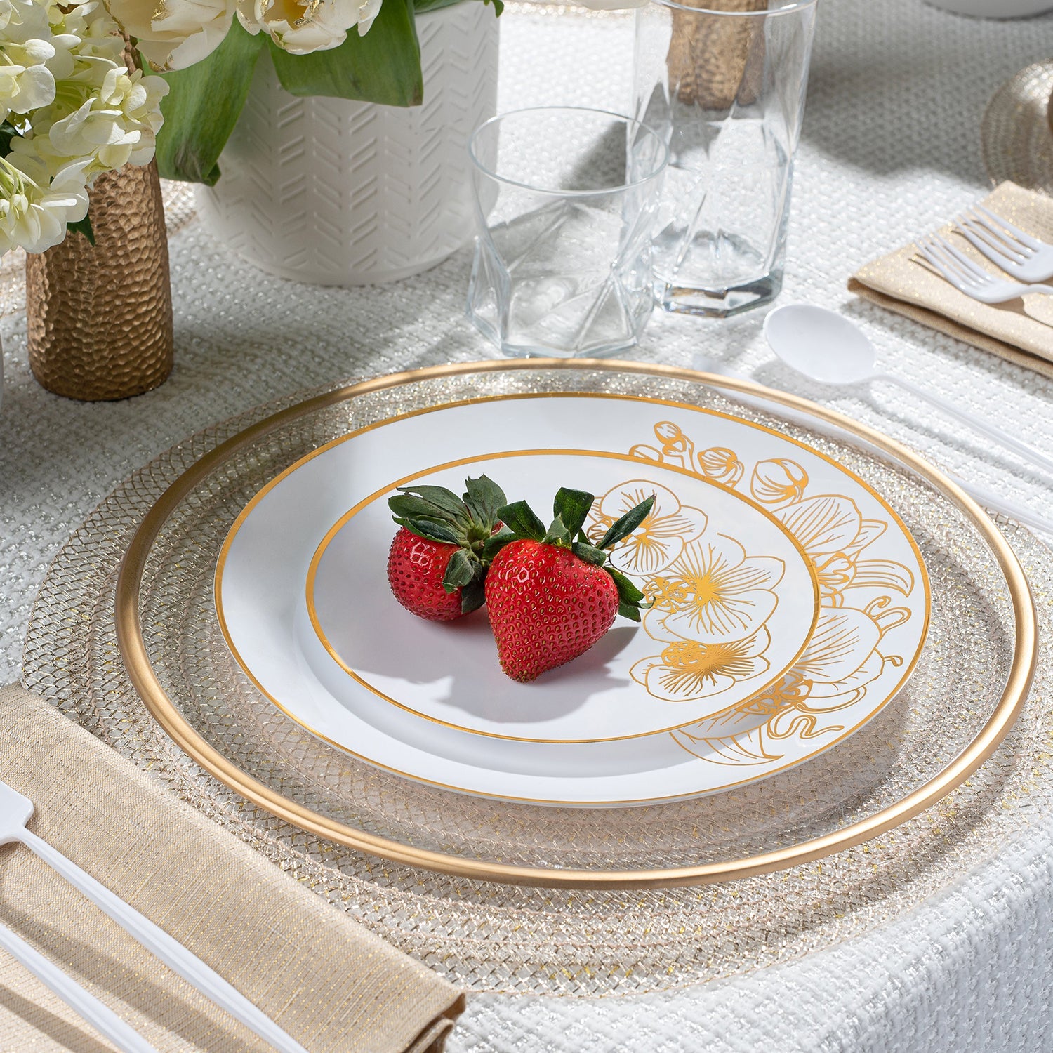 Orchid 10" White & Gold  Plastic Disposable Dinner Plate 10 Pack