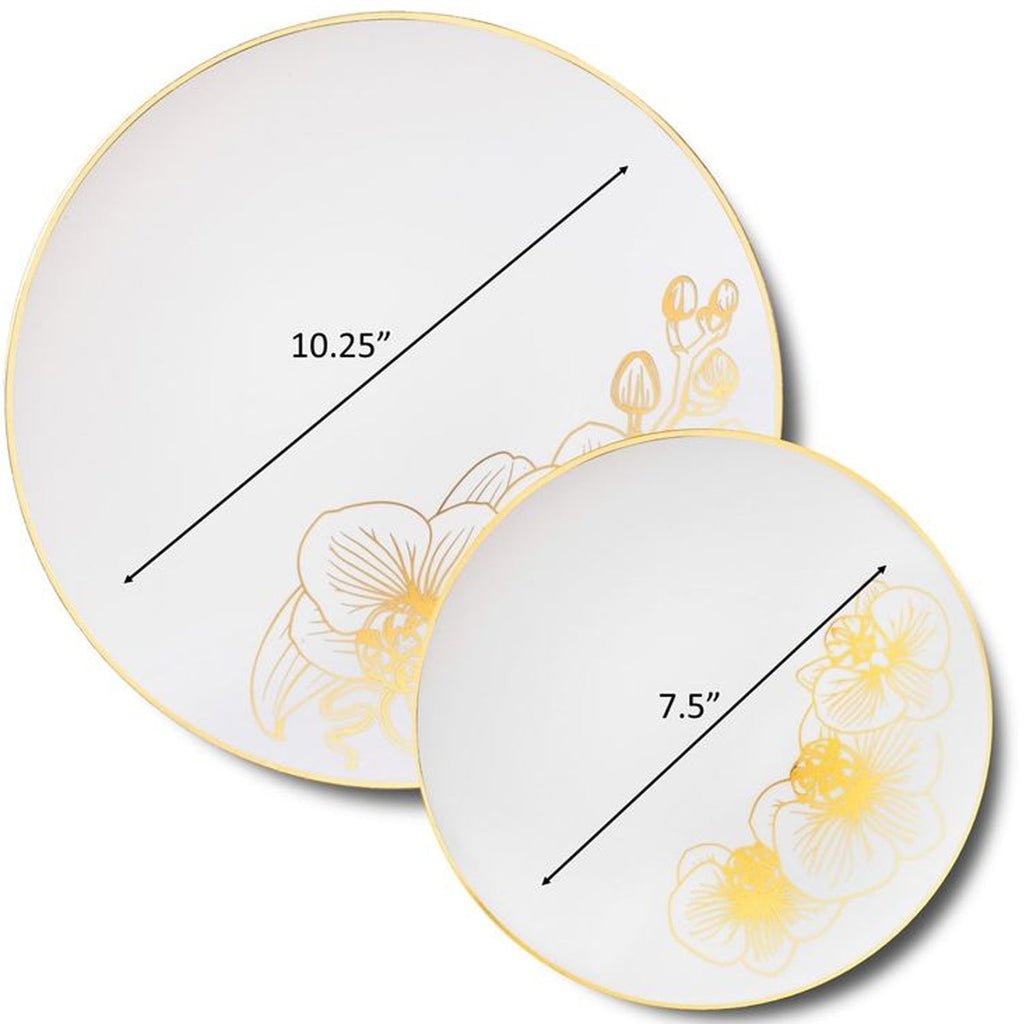 Orchid 10" White & Gold  Plastic Disposable Dinner Plate 10 Pack