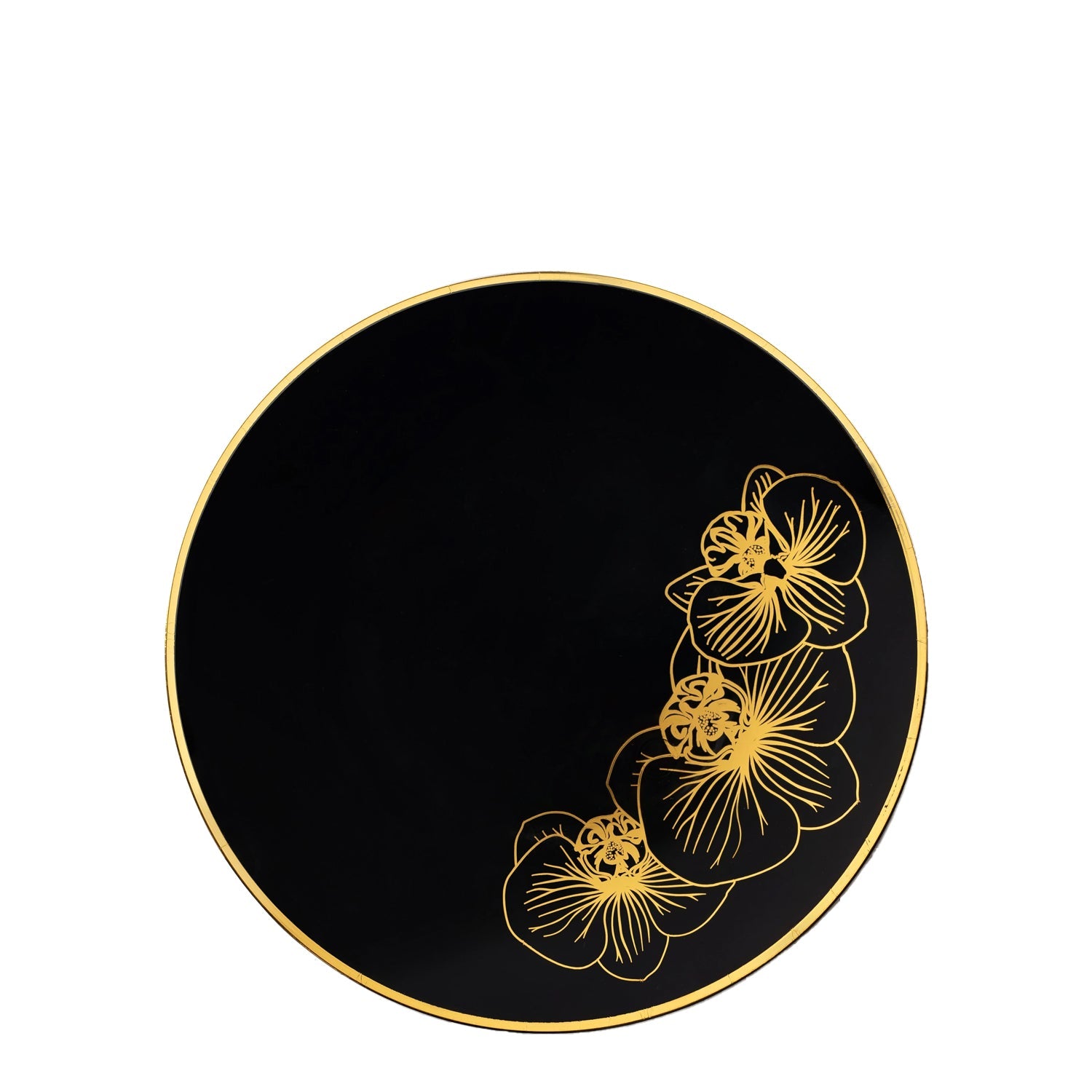 Orchid 7.5" Black & Gold Plastic Disposable Appetizer/Dessert Plate 10 Pack