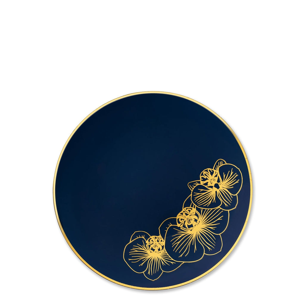 Orchid Royal 7.5" Blue & Gold Plastic Disposable Appetizer/Dessert Plate 10 Pack