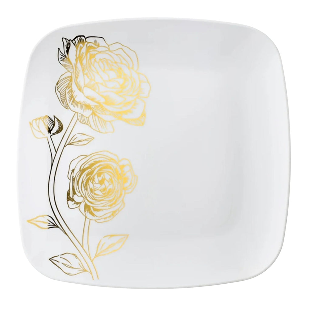 Peony 10.25" White & Gold Square Disposable Plastic Dinner Plate 10 Pack