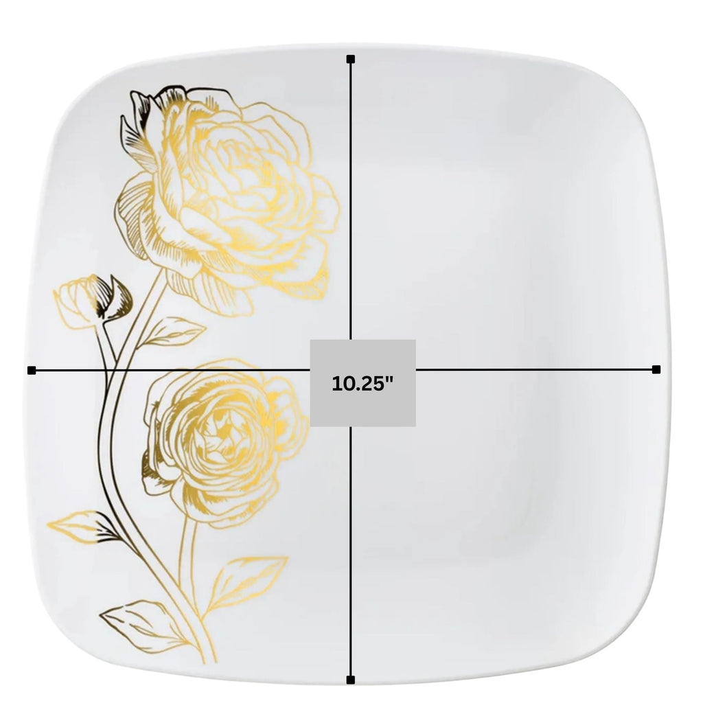 Peony 10.25" White & Gold Square Disposable Plastic Dinner Plate 10 Pack