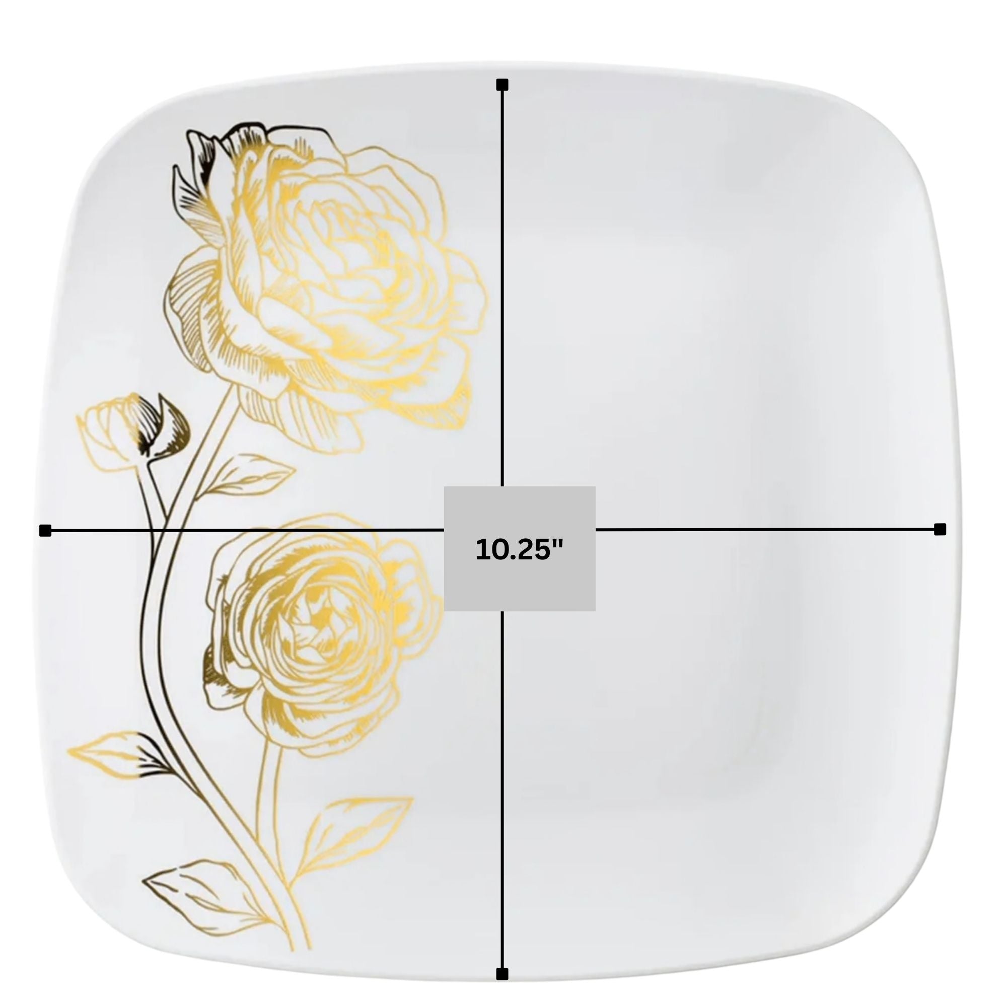 Peony 10.25" White & Gold Square Disposable Plastic Dinner Plate 10 Pack