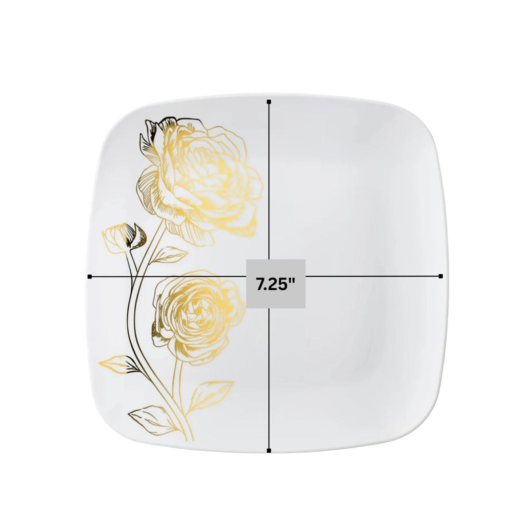 Peony 7.25" White & Gold Square Disposable Plastic Dessert Plate 10 Pack