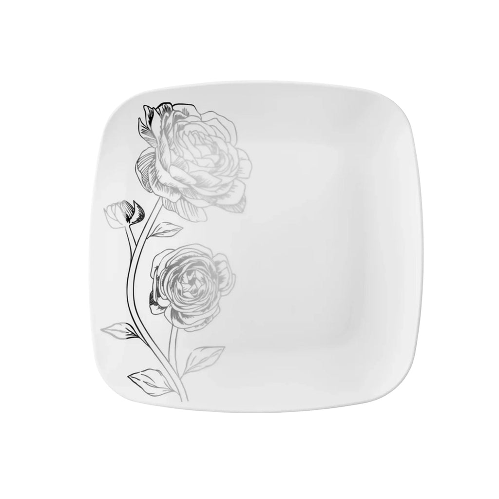 Peony 7.25" White & Silver Square Disposable Plastic Dessert Plate 32Pc Set