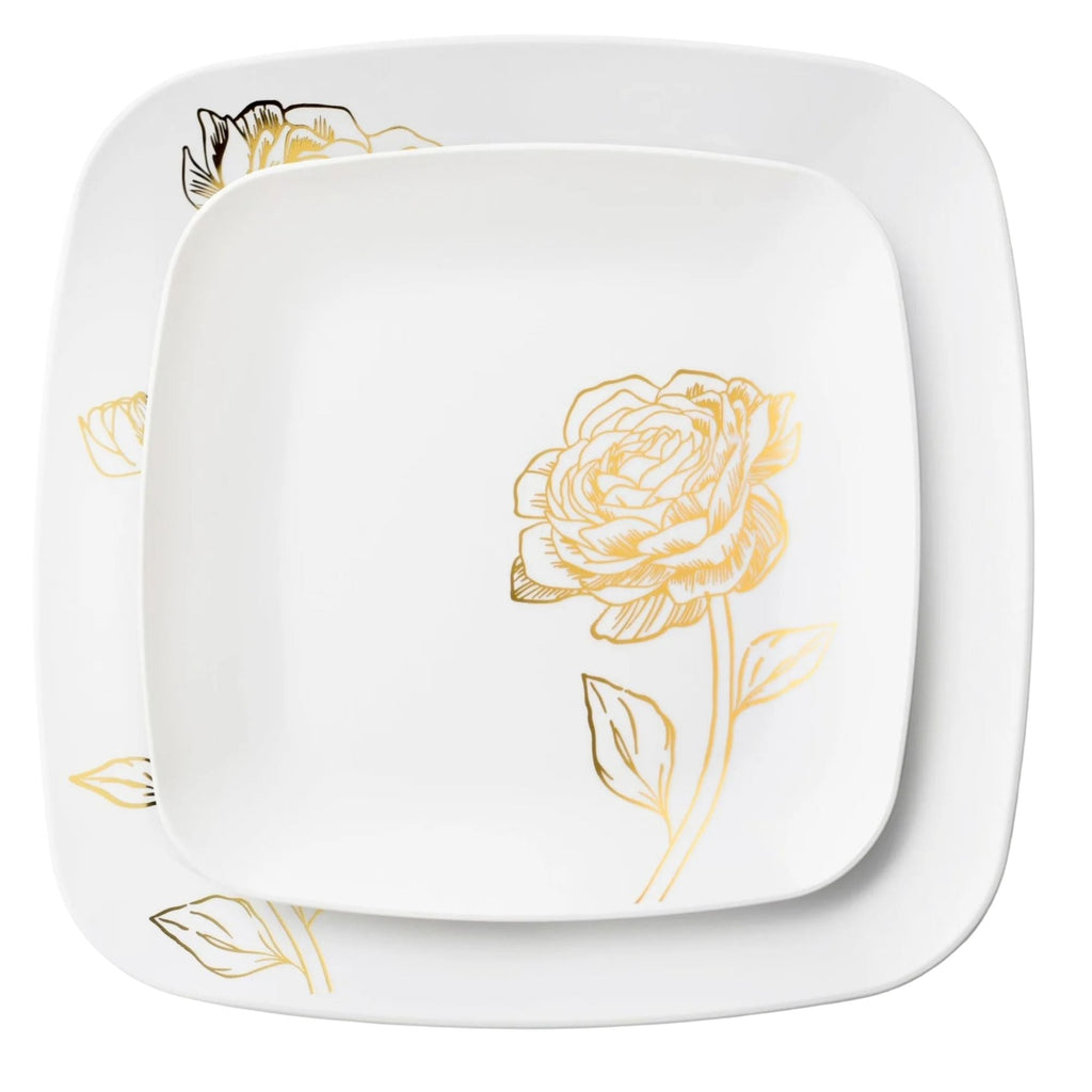 10.25"&7.25" White and Gold Square Disposable Plastic Plates COMBO Set-Peony 32Pc Set