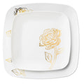 10.25"&7.25" White and Gold Square Disposable Plastic Plates COMBO Set-Peony 32Pc Set