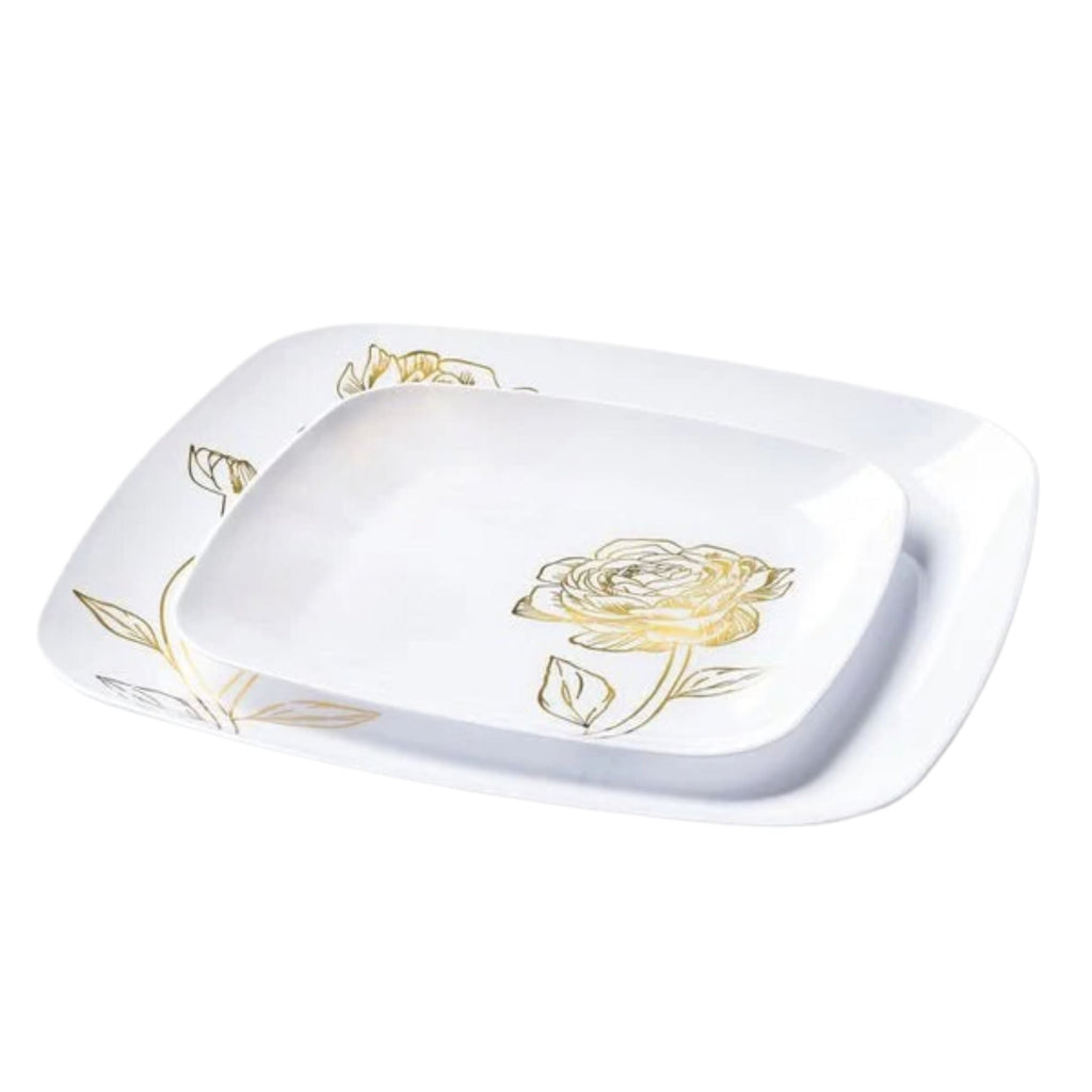 10.25"&7.25" White and Gold Square Disposable Plastic Plates COMBO Set-Peony 32Pc Set