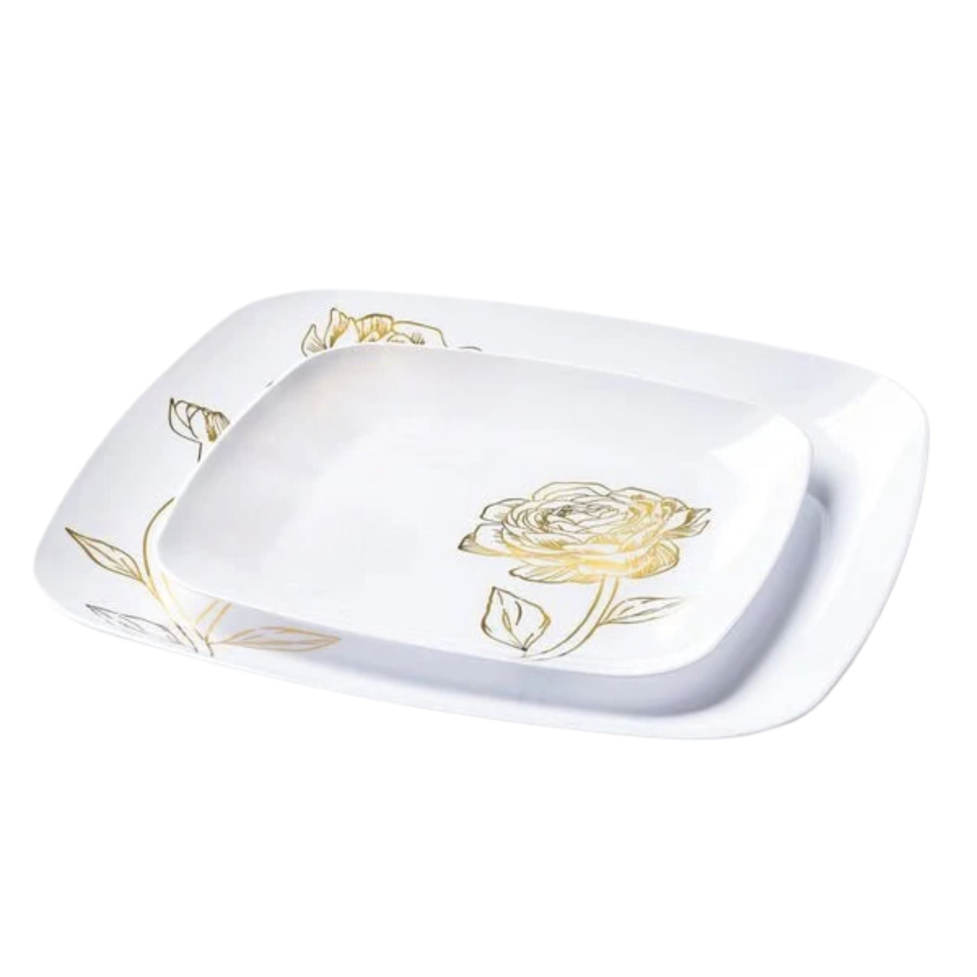 10.25"&7.25" White and Gold Square Disposable Plastic Plates COMBO Set-Peony 32Pc Set