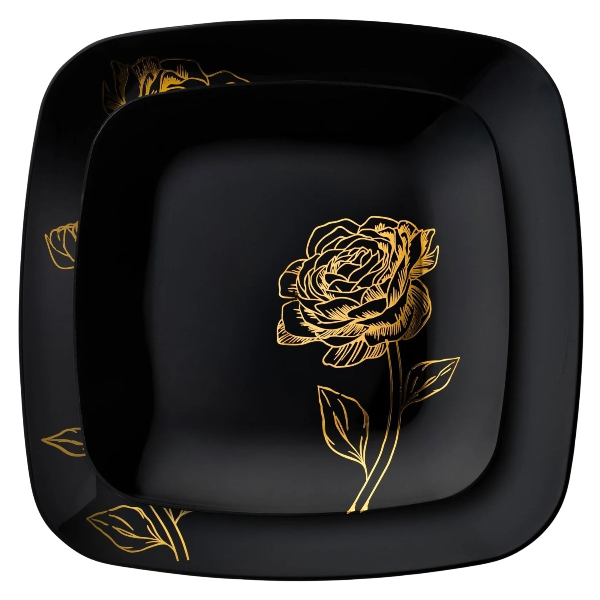 10.25"&7.25" Black and Gold Square Disposable Plastic Plates COMBO Set-Peony 32Pc Set