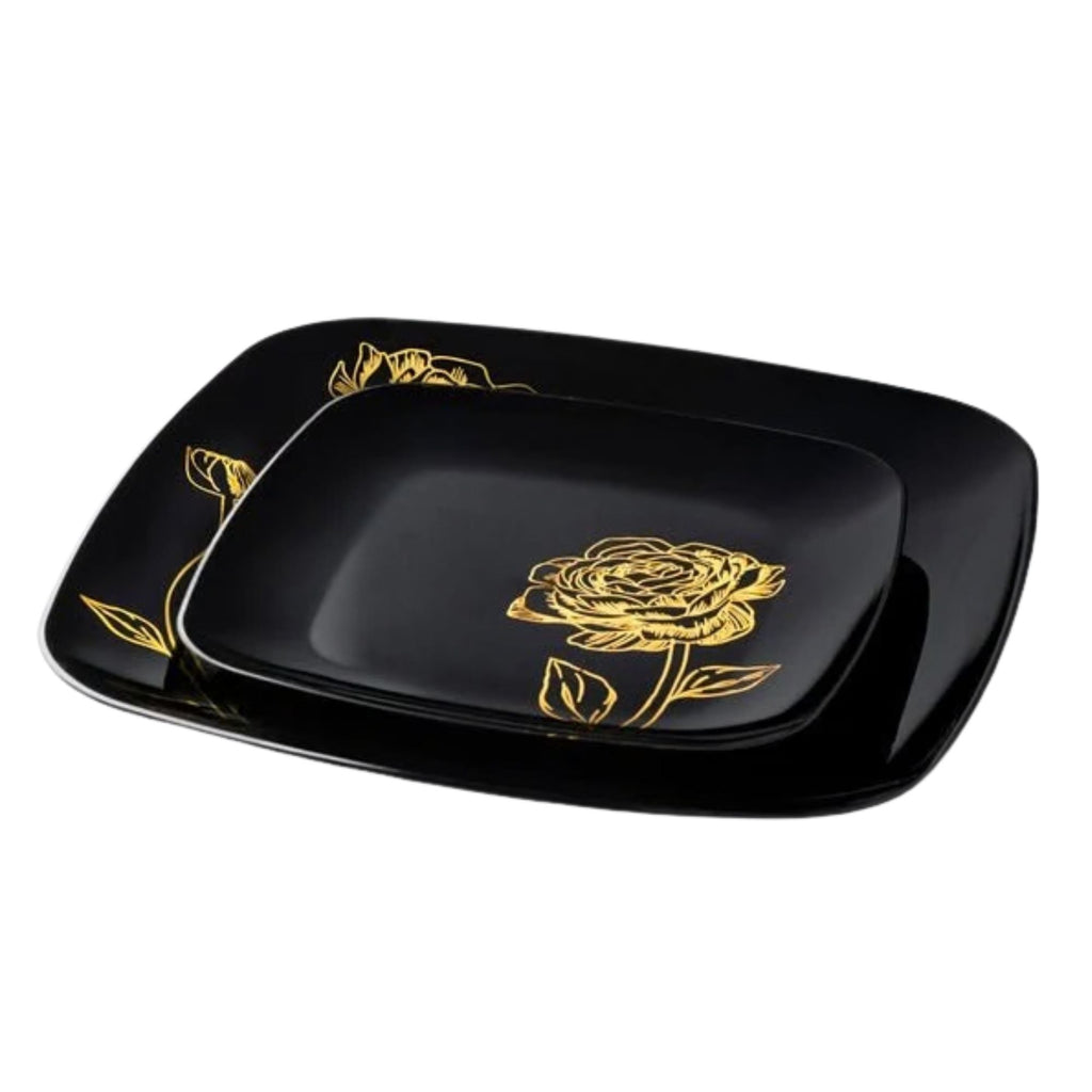 10.25"&7.25" Black and Gold Square Disposable Plastic Plates COMBO Set-Peony 32Pc Set