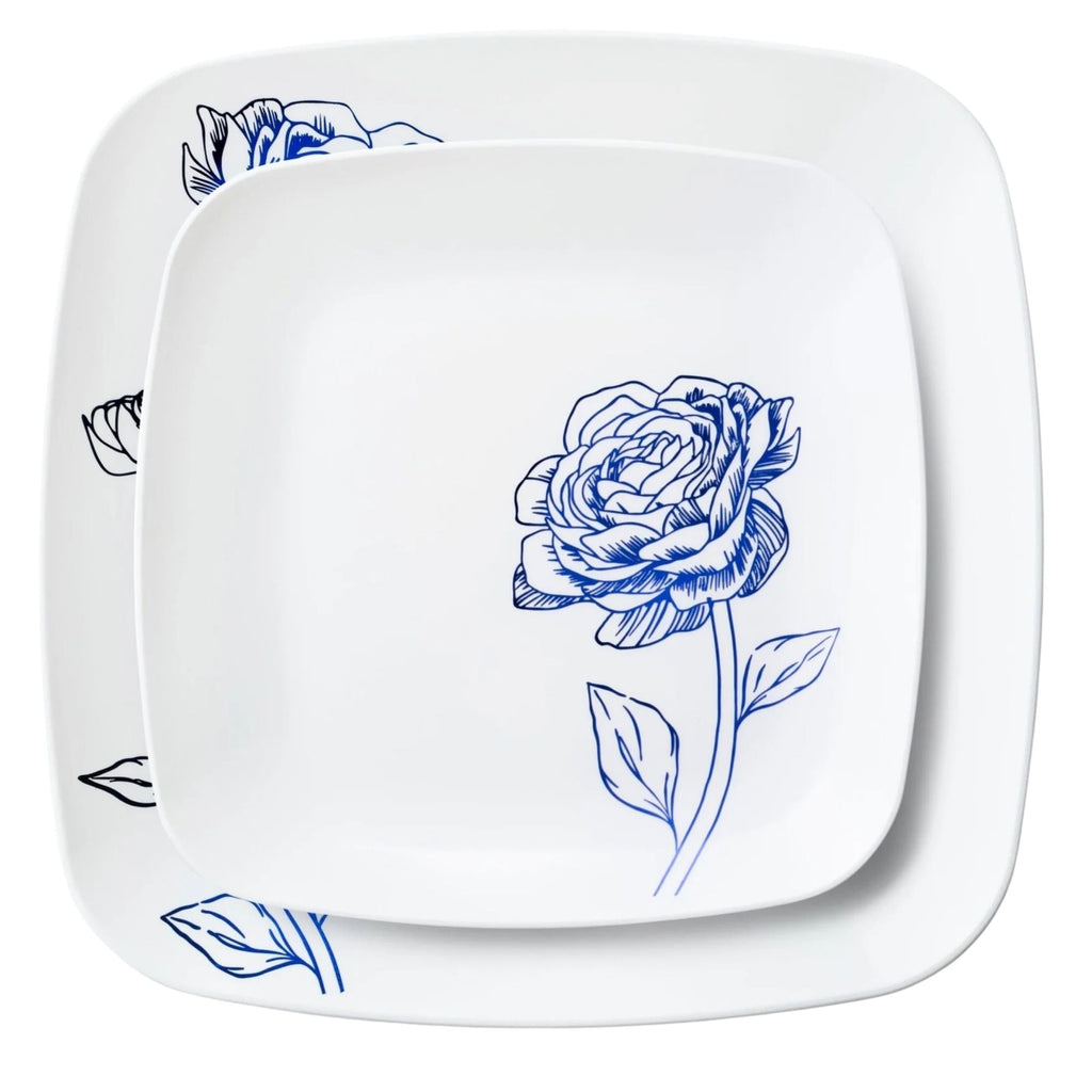 10.25"&7.25" White and Blue Square Disposable Plastic Plates COMBO Set-Peony 32Pc Set