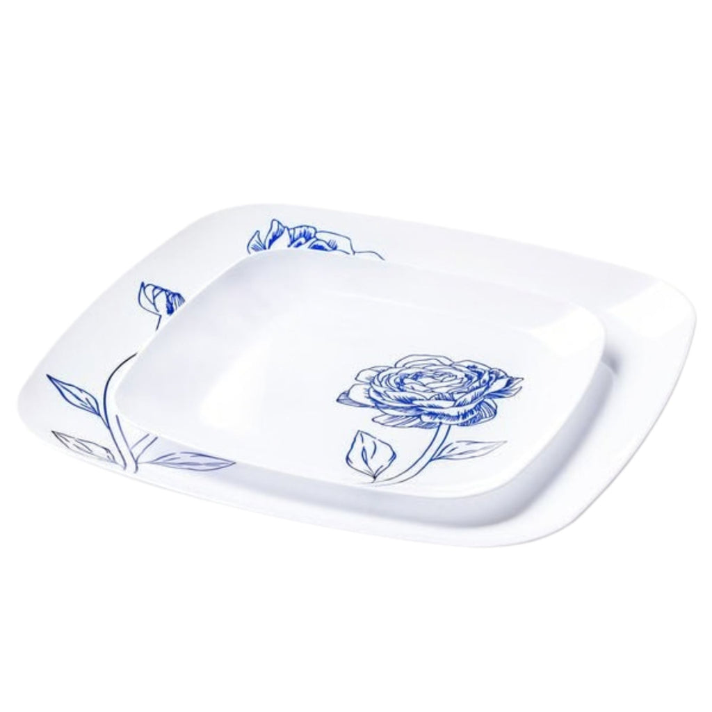 10.25"&7.25" White and Blue Square Disposable Plastic Plates COMBO Set-Peony 32Pc Set