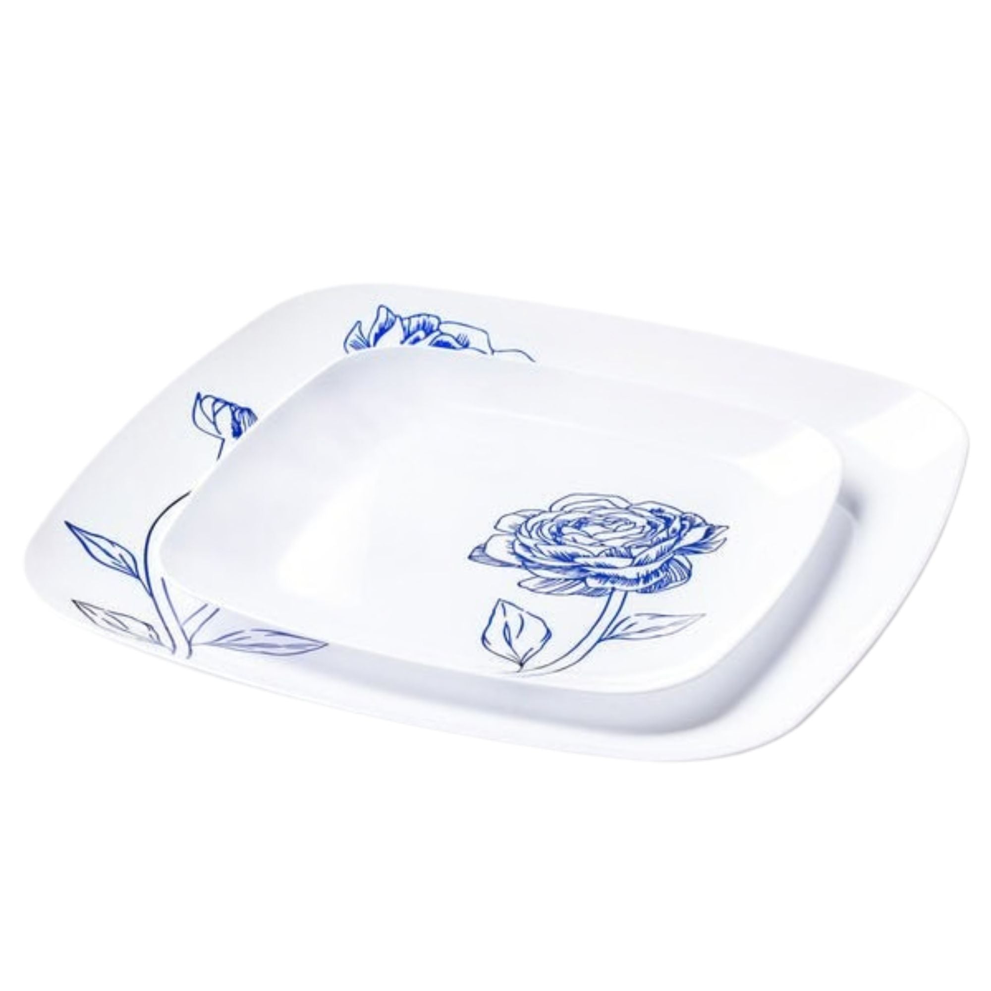10.25"&7.25" White and Blue Square Disposable Plastic Plates COMBO Set-Peony 32Pc Set