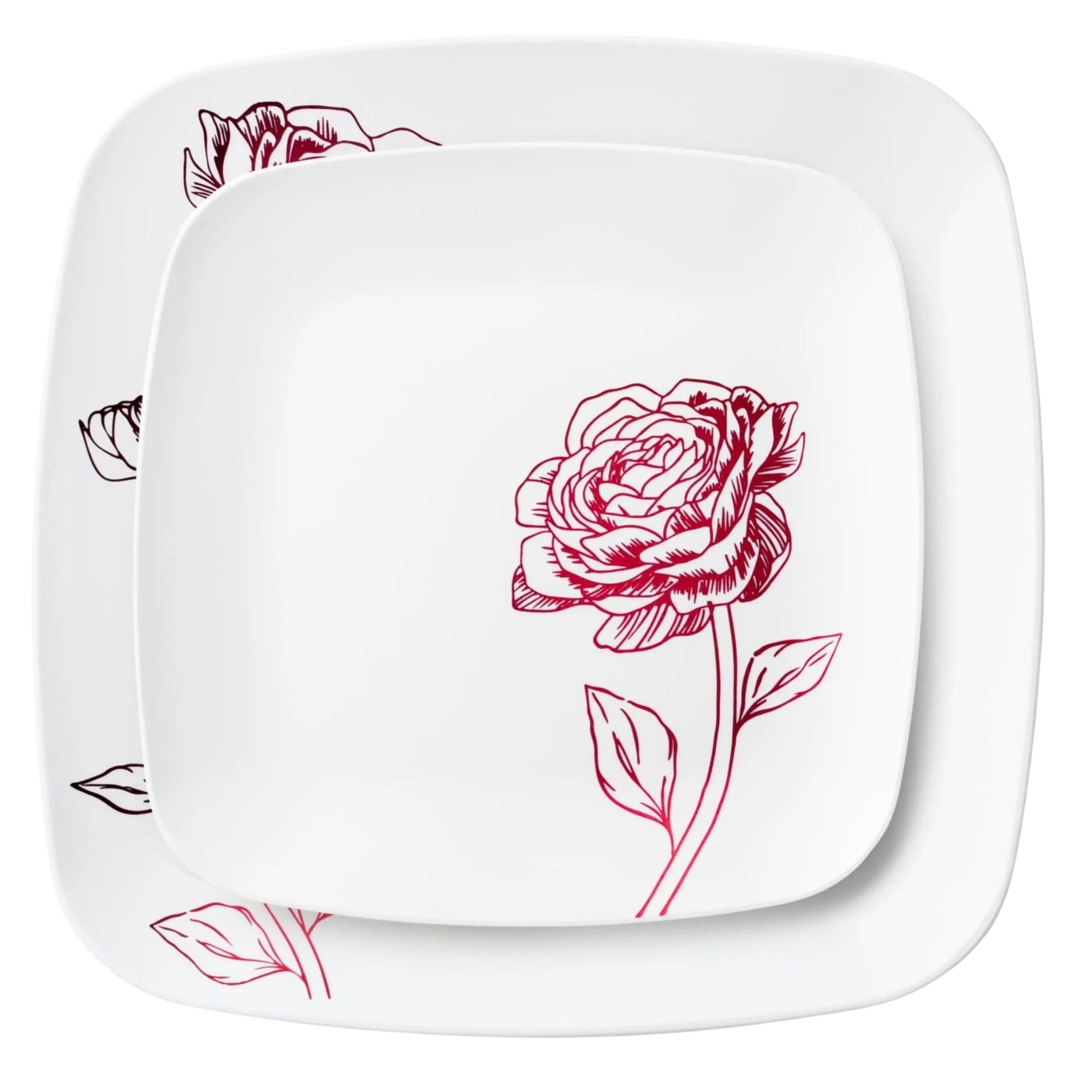10.5"&7.25" White and Burgundy Square Disposable Plastic Plates COMBO Set-Peony 32Pc Set