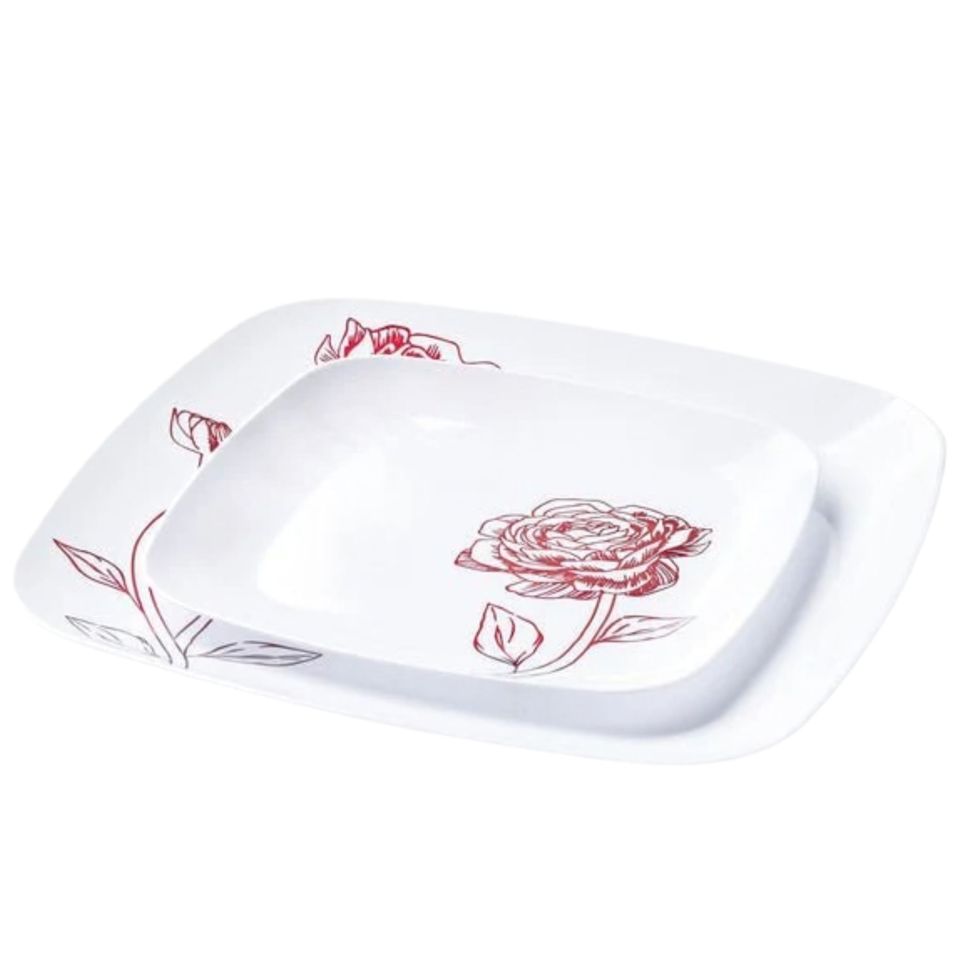 10.5"&7.25" White and Burgundy Square Disposable Plastic Plates COMBO Set-Peony 32Pc Set