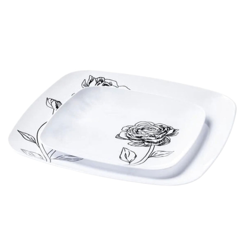 10.25"&7.25" White and Black Square Disposable Plastic Plates COMBO Set-Peony 32Pc Set